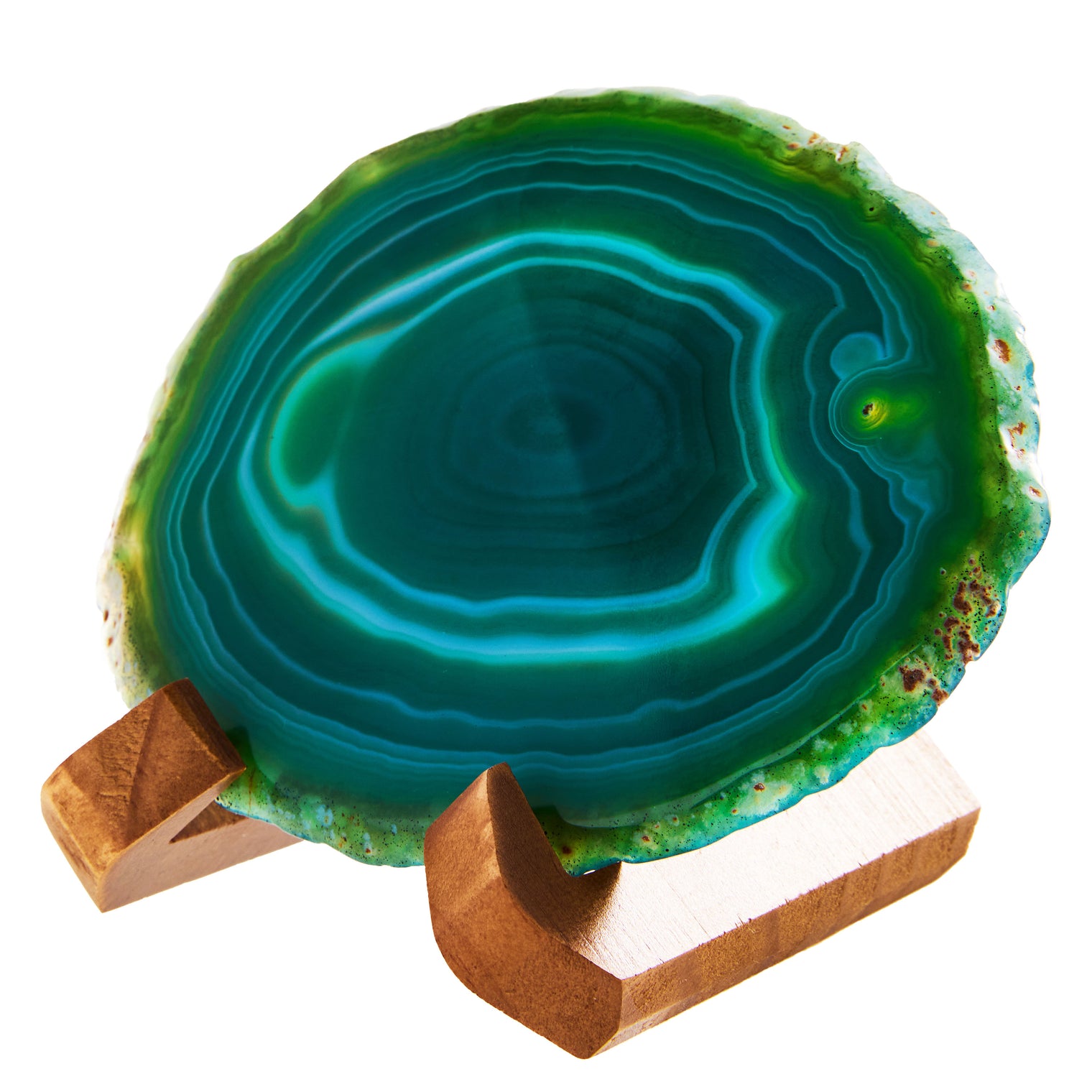Large Natural Brazilian Agate Drink Coaster with Wood Holder - Emerald