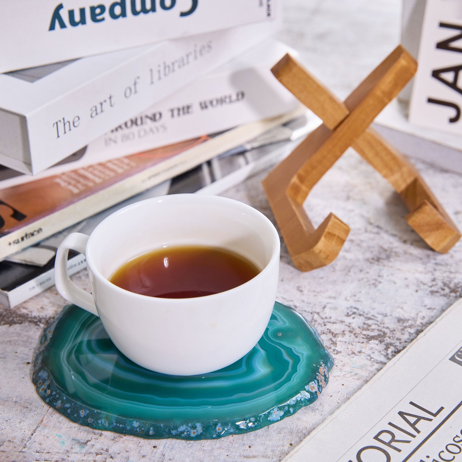 Large Natural Brazilian Agate Drink Coaster with Wood Holder - Emerald