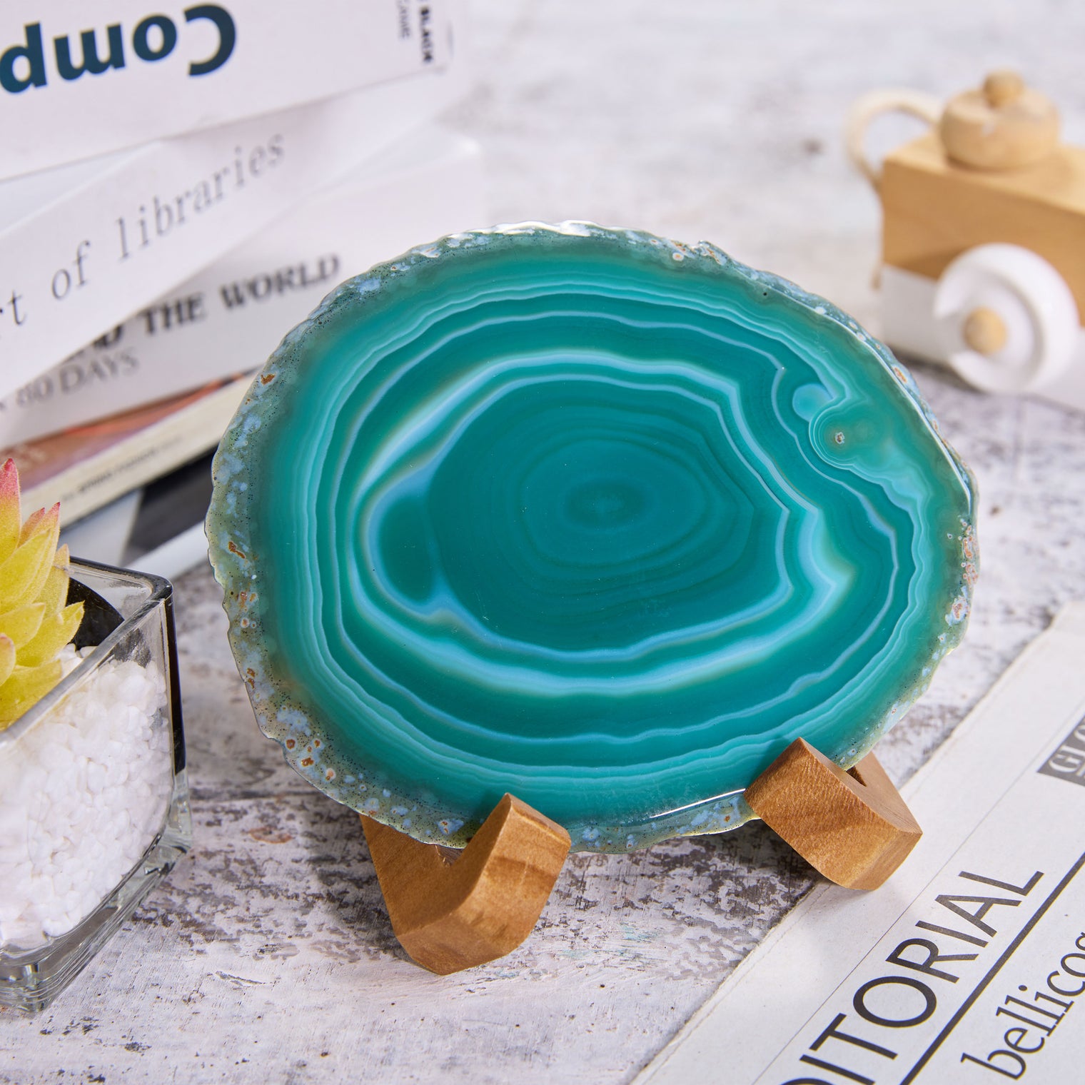 Large Natural Brazilian Agate Drink Coaster with Wood Holder - Emerald