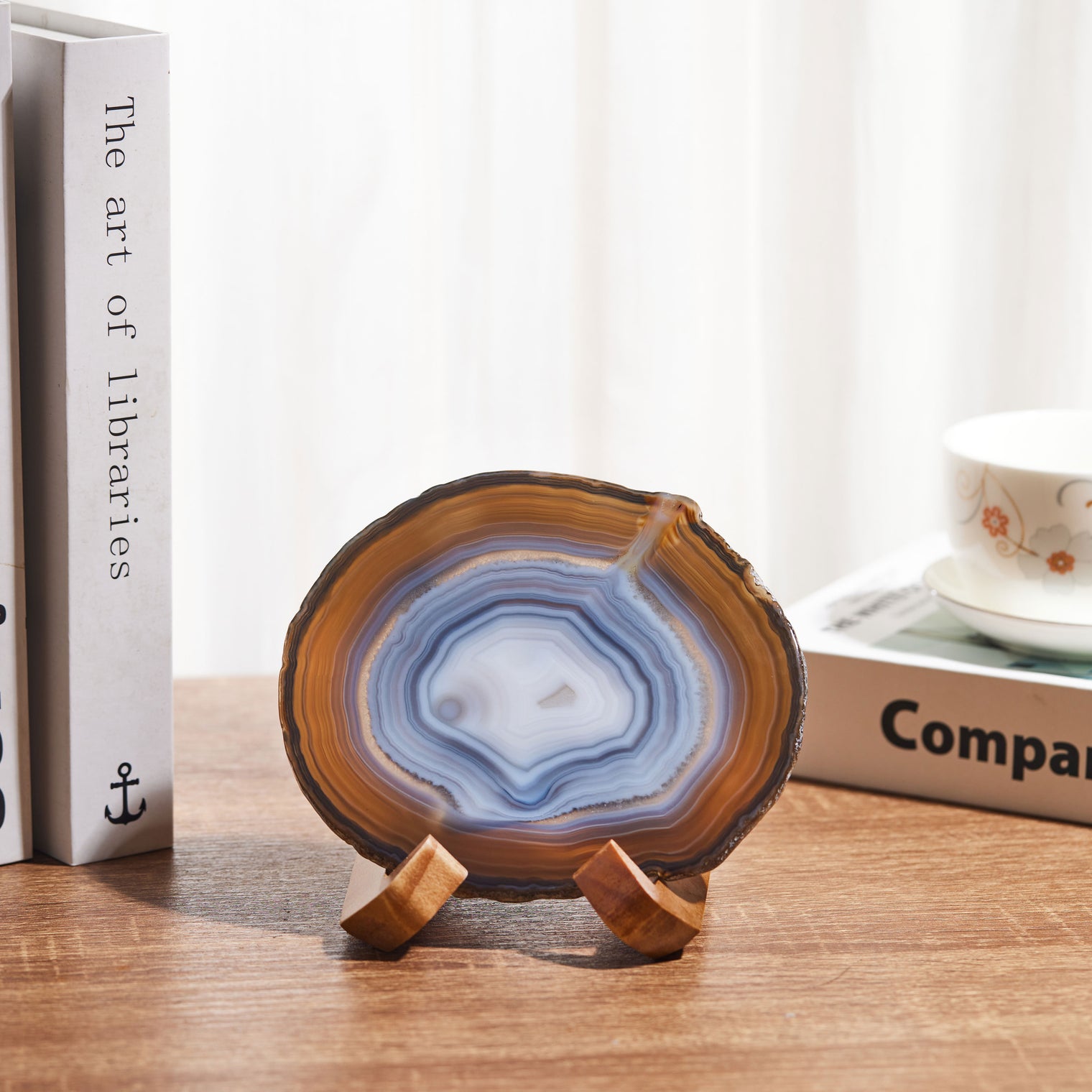 Large Natural Brazilian Agate Drink Coaster with Wood Holder - Oak