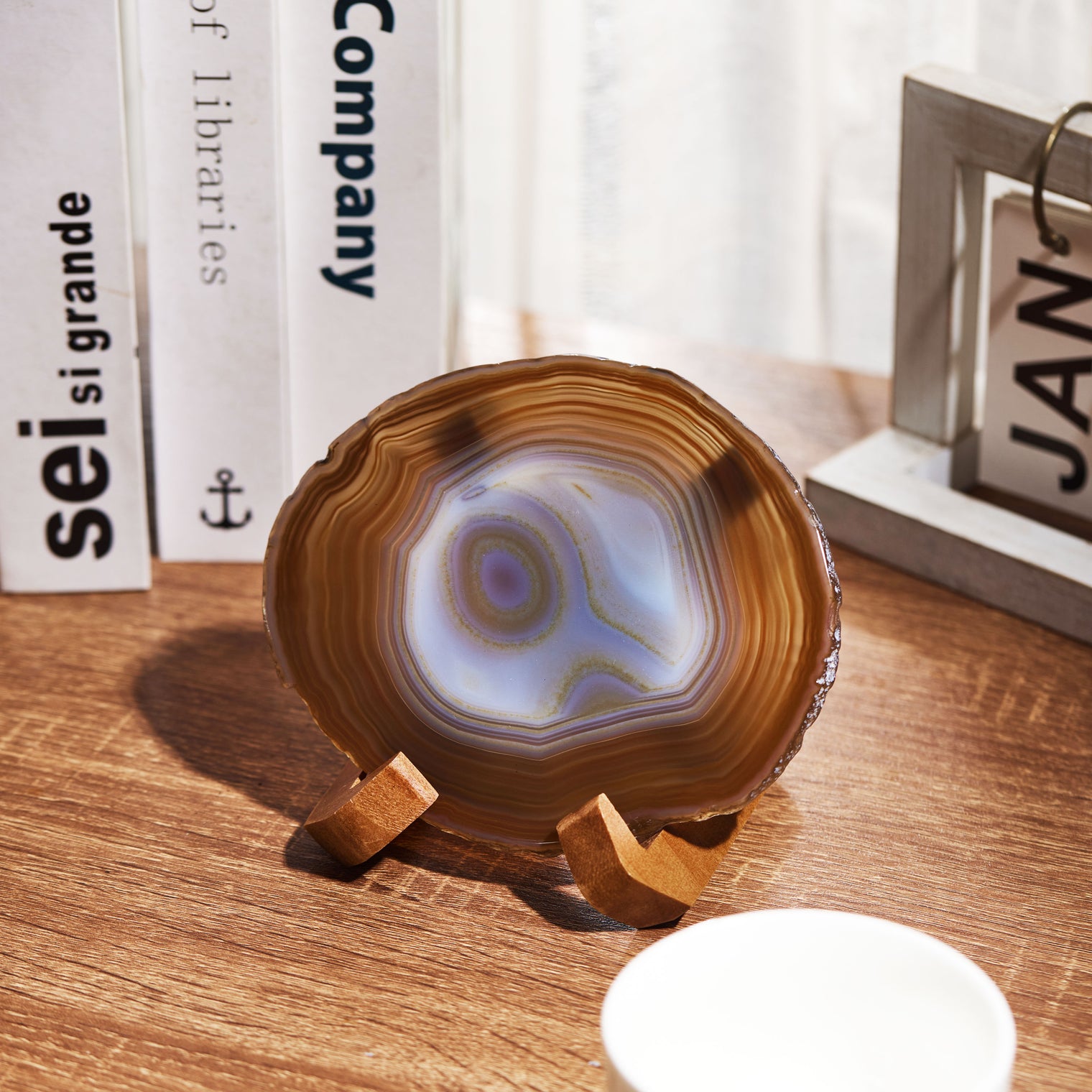 Large Natural Brazilian Agate Drink Coaster with Wood Holder - Oak