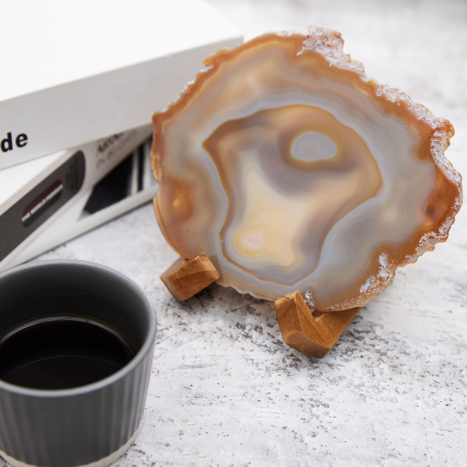 Large Natural Brazilian Agate Drink Coaster with Wood Holder - Oak