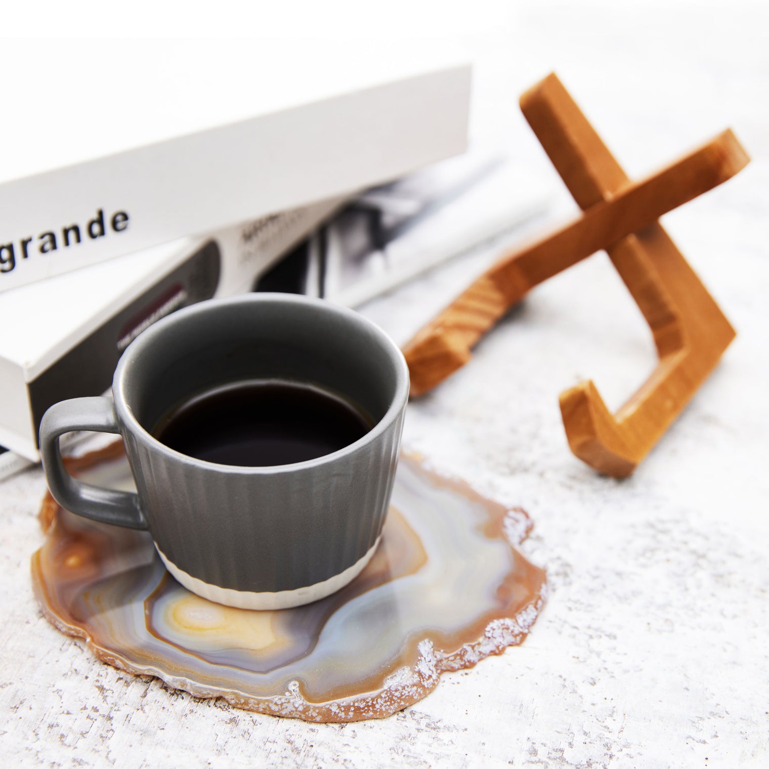 Large Natural Brazilian Agate Drink Coaster with Wood Holder - Oak