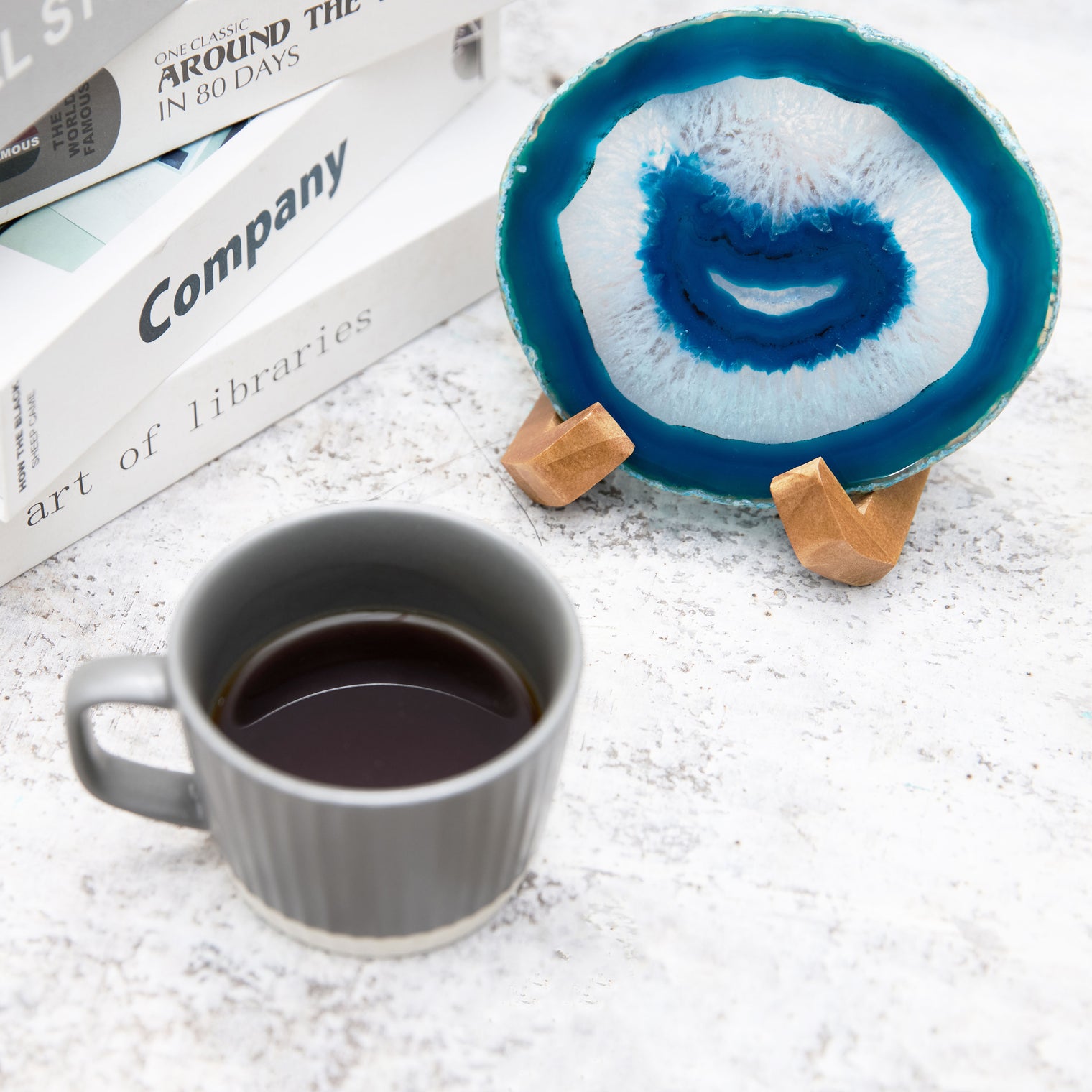 Large Natural Brazilian Agate Drink Coaster with Wood Holder - Ocean Blue