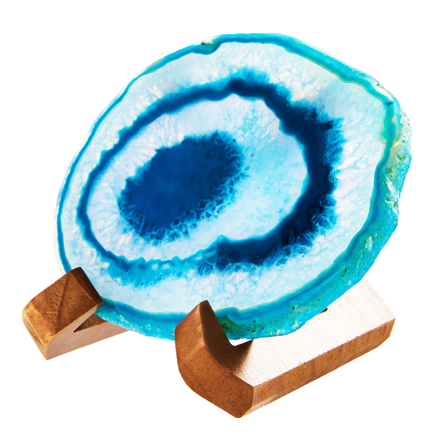 Large Natural Brazilian Agate Drink Coaster with Wood Holder - Ocean Blue