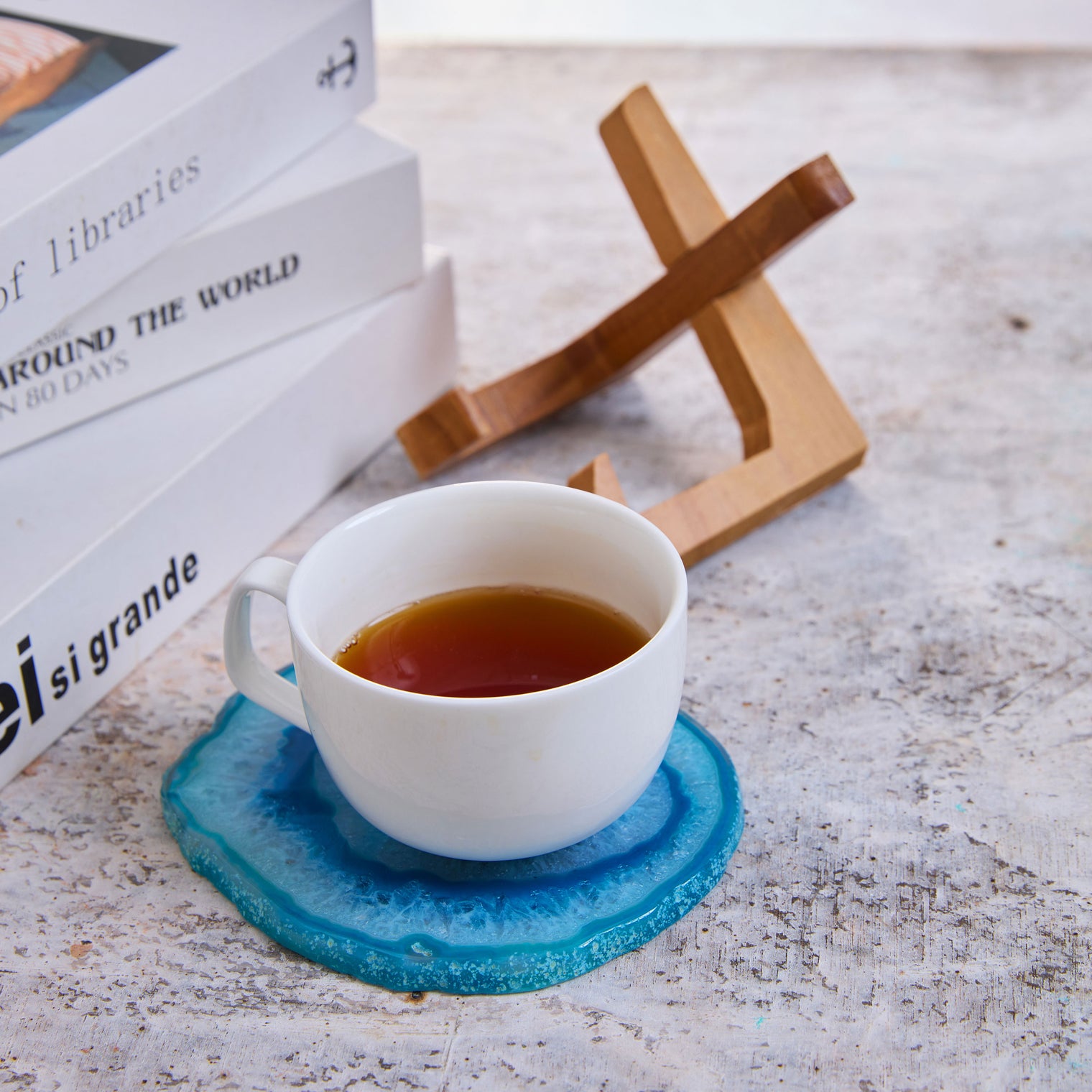 Large Natural Brazilian Agate Drink Coaster with Wood Holder - Ocean Blue