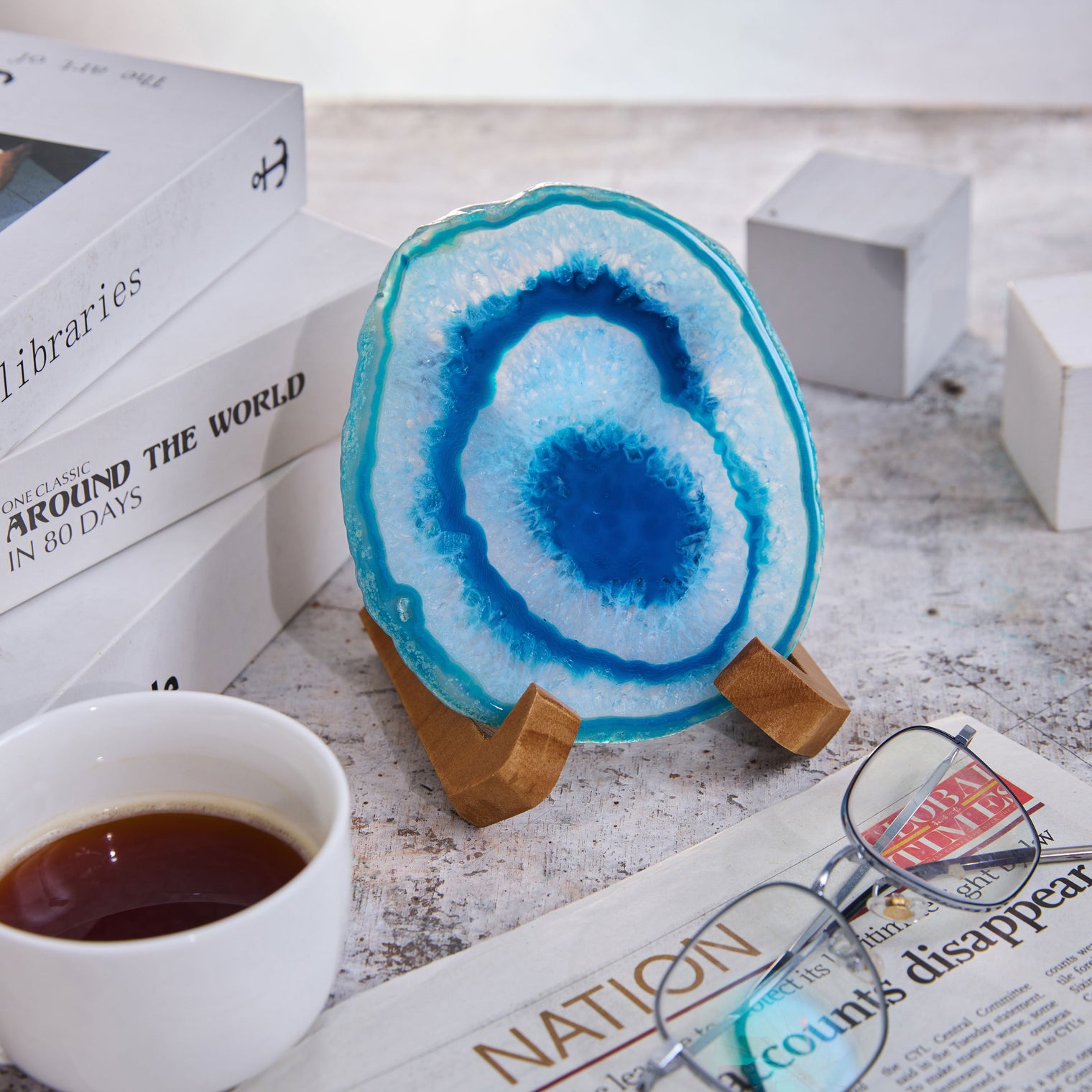 Large Natural Brazilian Agate Drink Coaster with Wood Holder - Ocean Blue