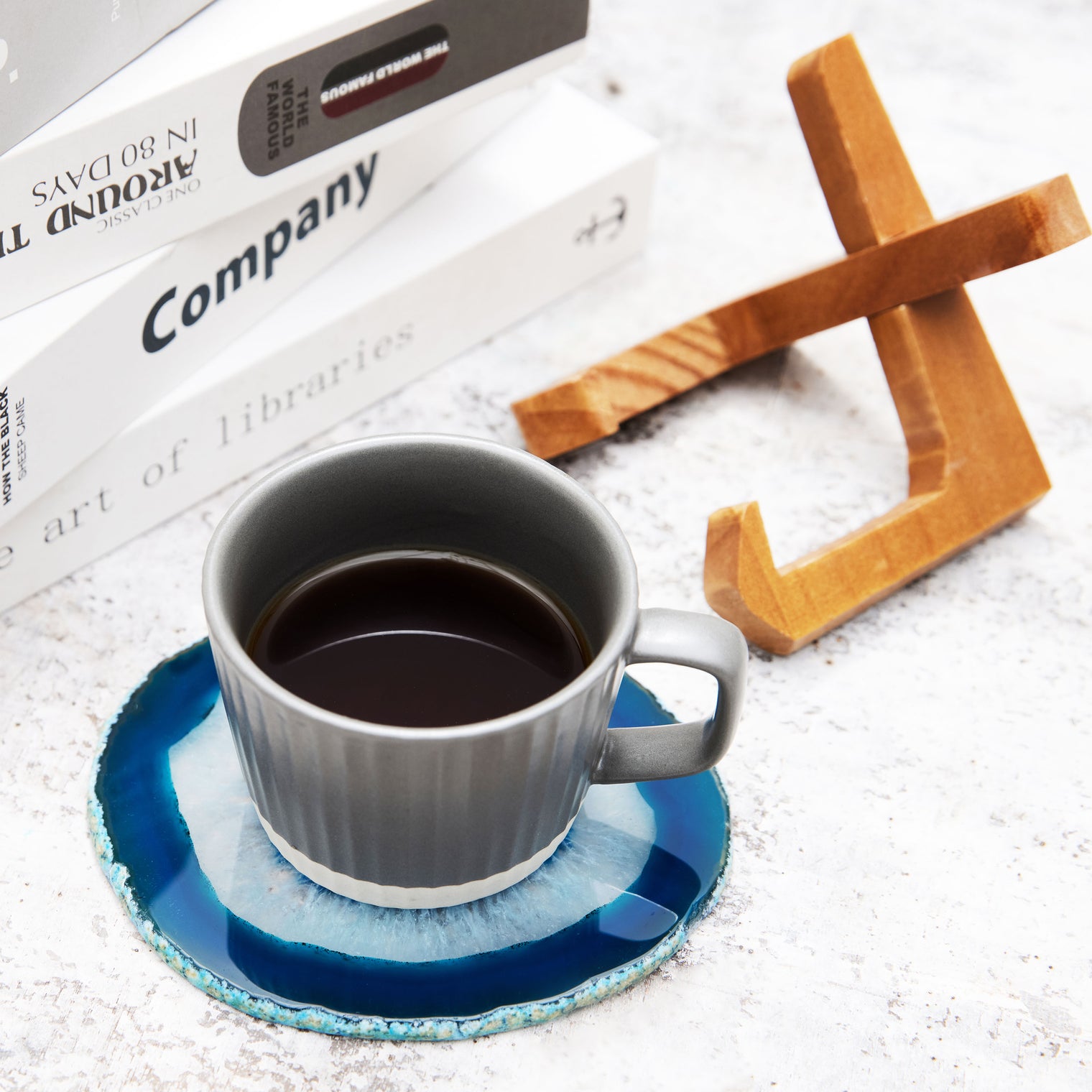 Large Natural Brazilian Agate Drink Coaster with Wood Holder - Ocean Blue