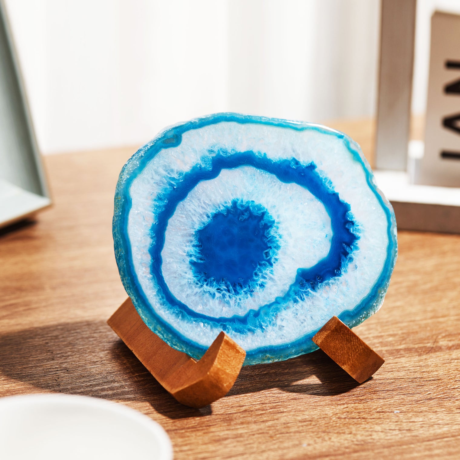 Large Natural Brazilian Agate Drink Coaster with Wood Holder - Ocean Blue