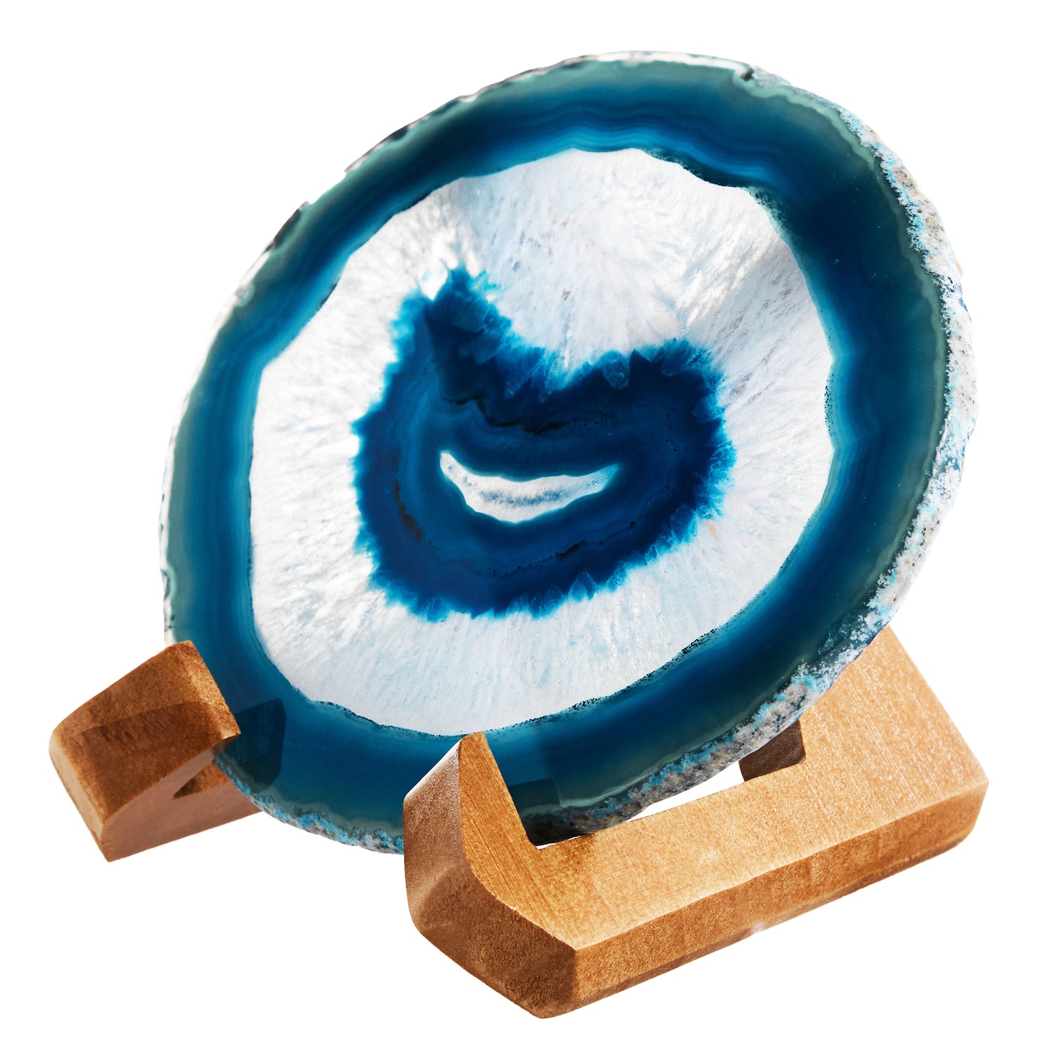 Large Natural Brazilian Agate Drink Coaster with Wood Holder - Ocean Blue