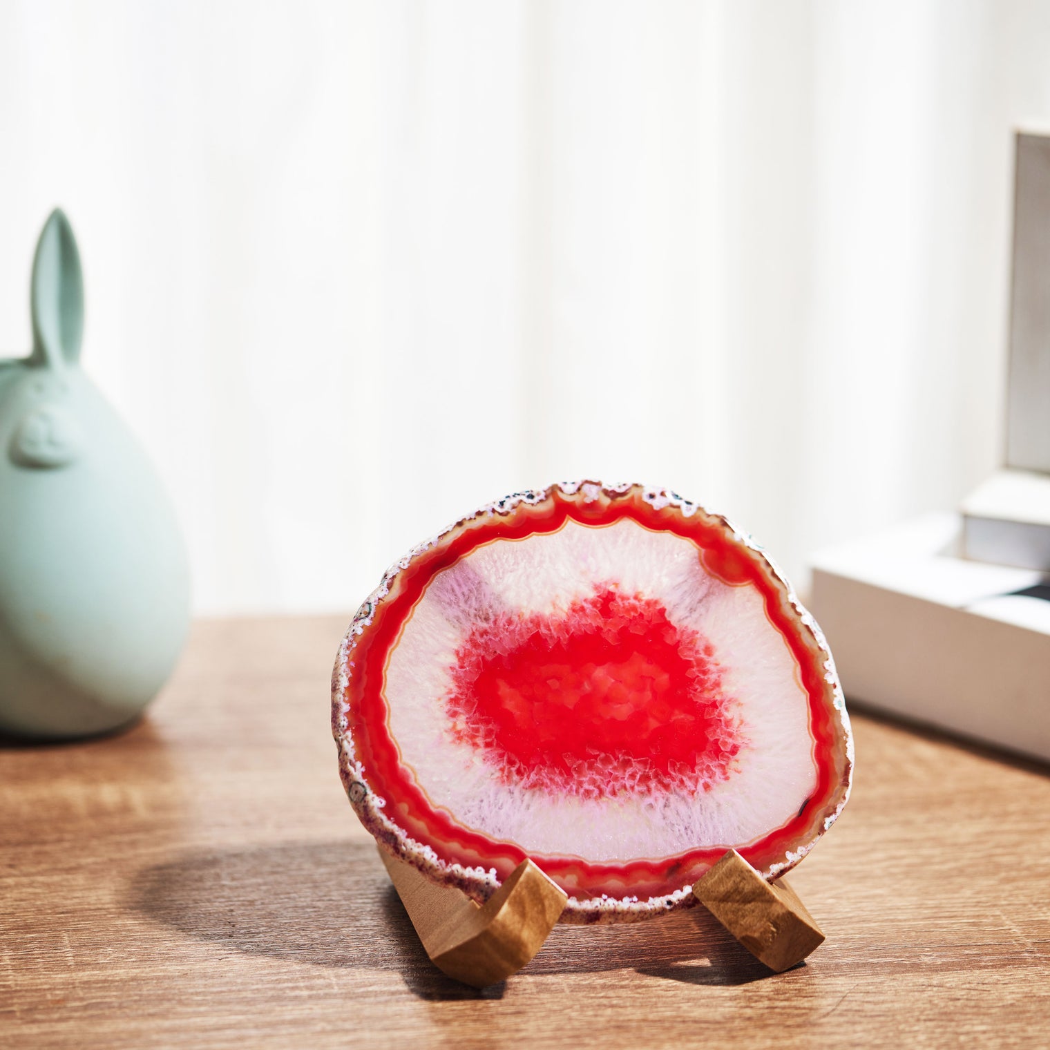 Large Natural Brazilian Agate Drink Coaster with Wood Holder - Red