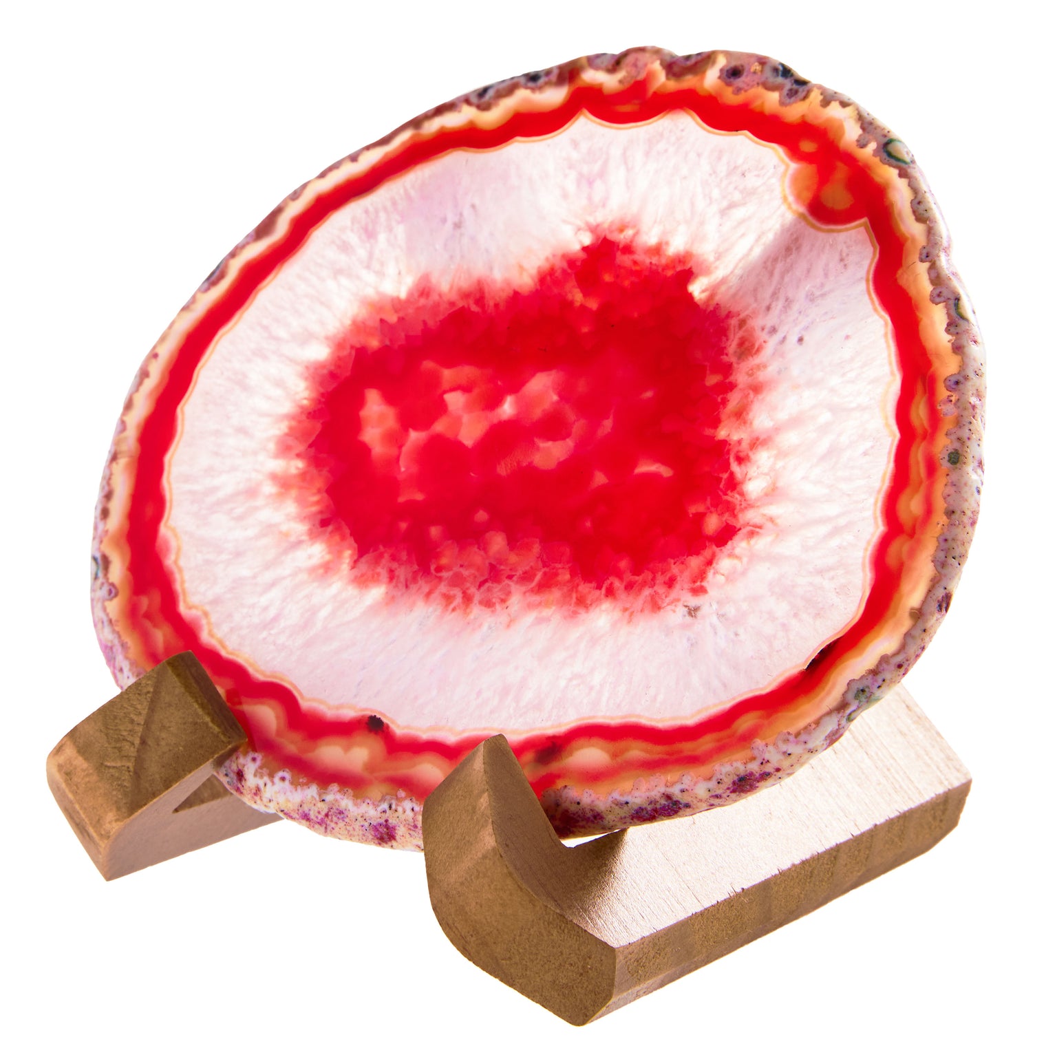 Large Natural Brazilian Agate Drink Coaster with Wood Holder - Red