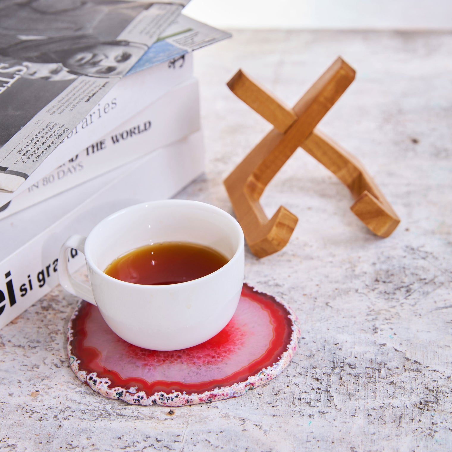 Large Natural Brazilian Agate Drink Coaster with Wood Holder - Red