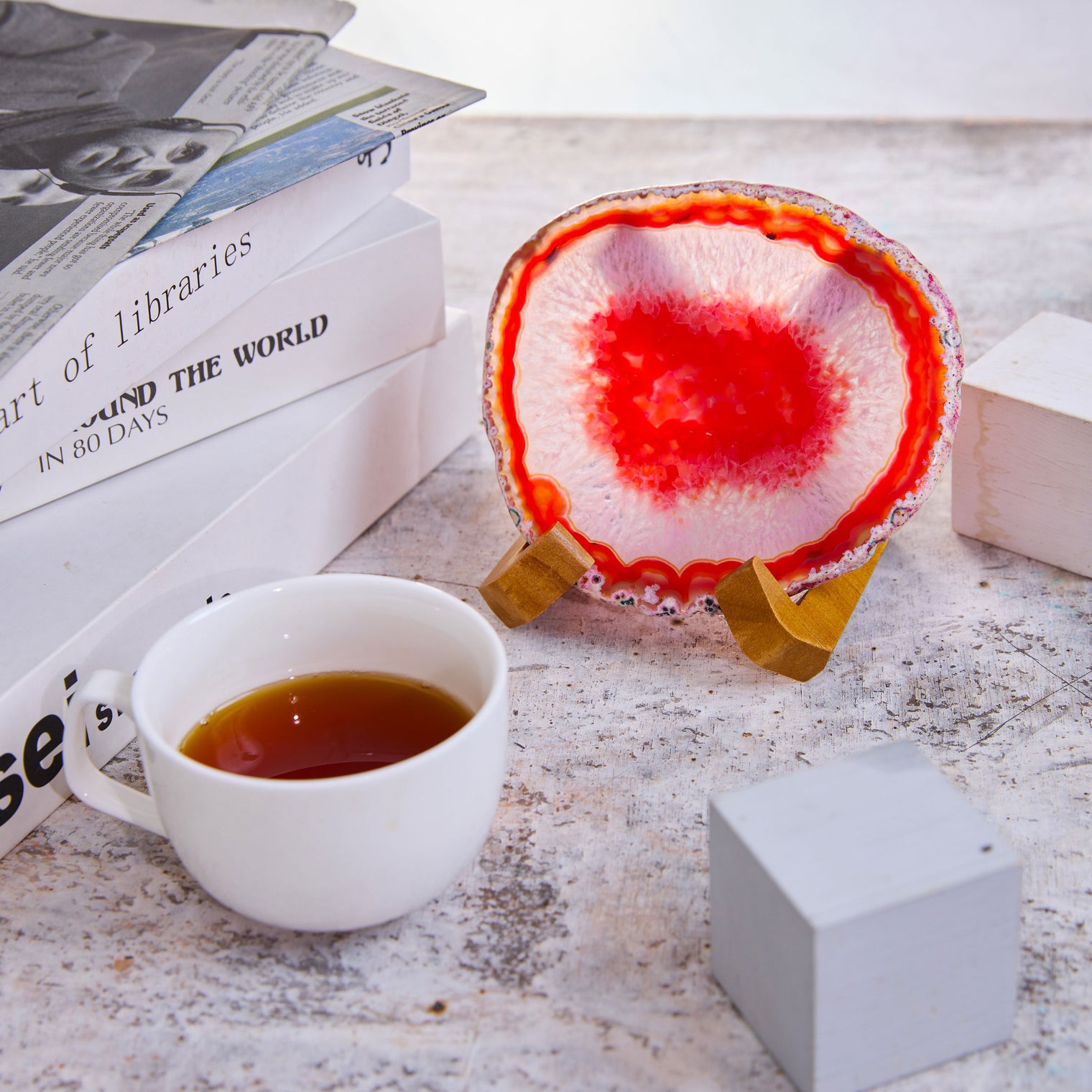 Large Natural Brazilian Agate Drink Coaster with Wood Holder - Red