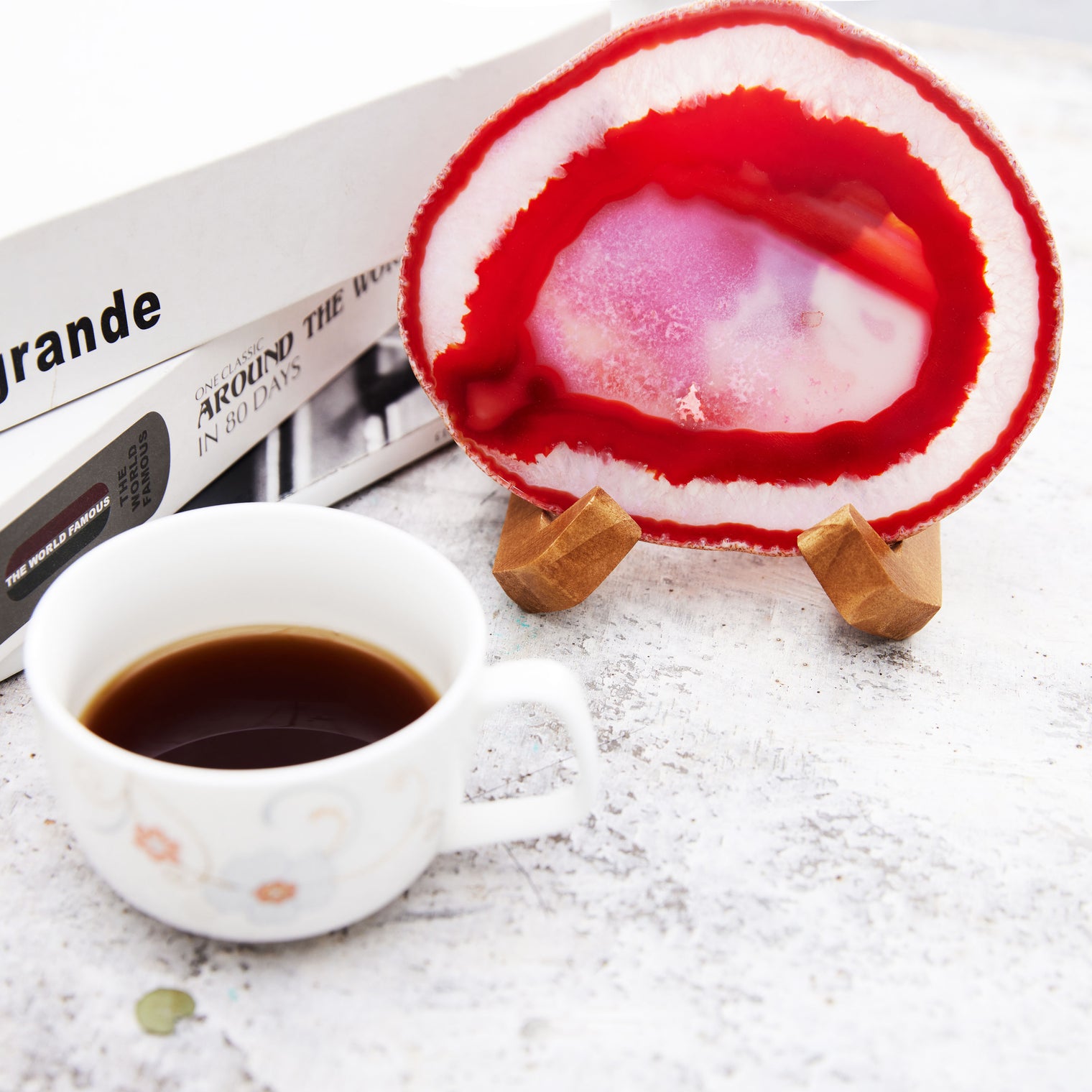 Large Natural Brazilian Agate Drink Coaster with Wood Holder - Red