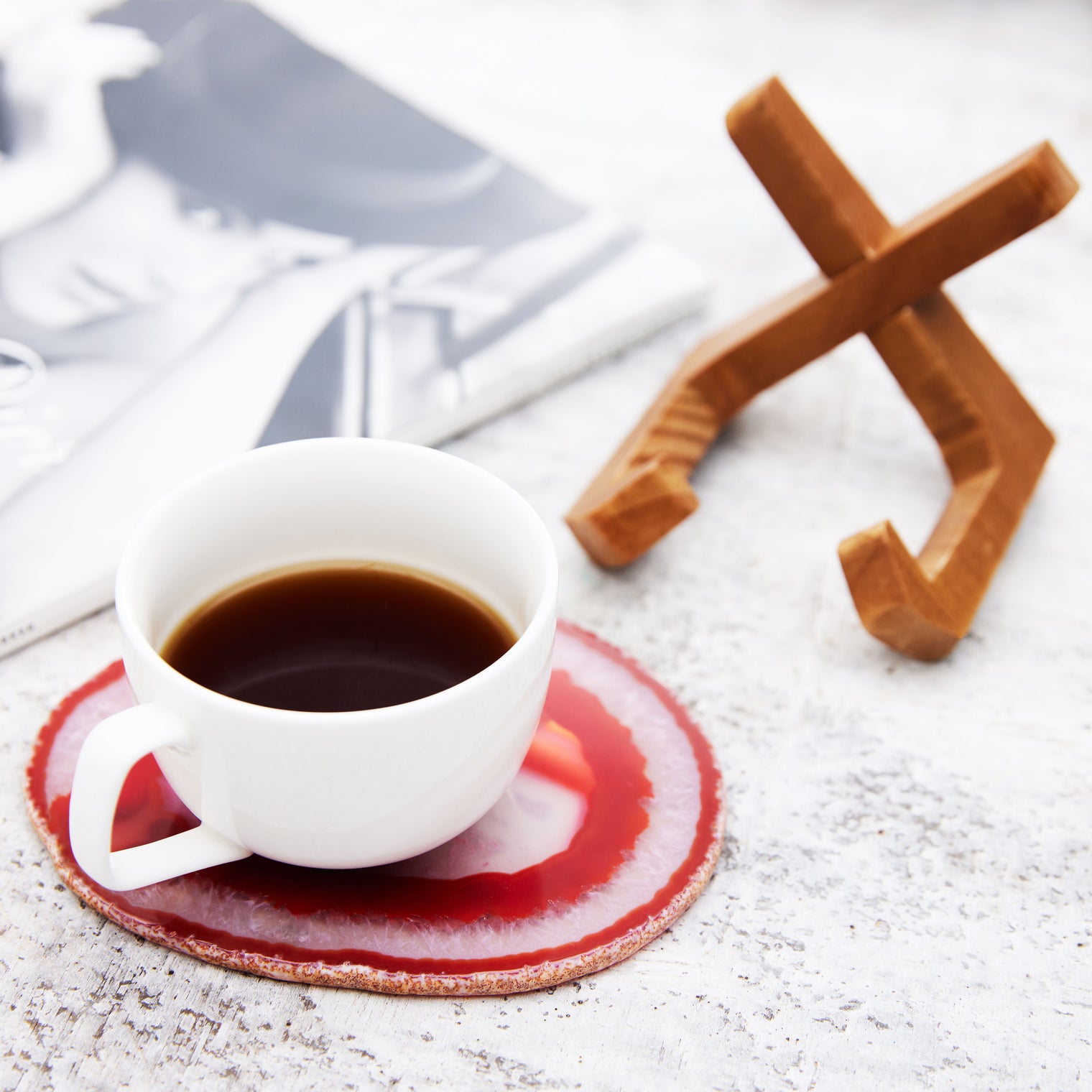 Large Natural Brazilian Agate Drink Coaster with Wood Holder - Red