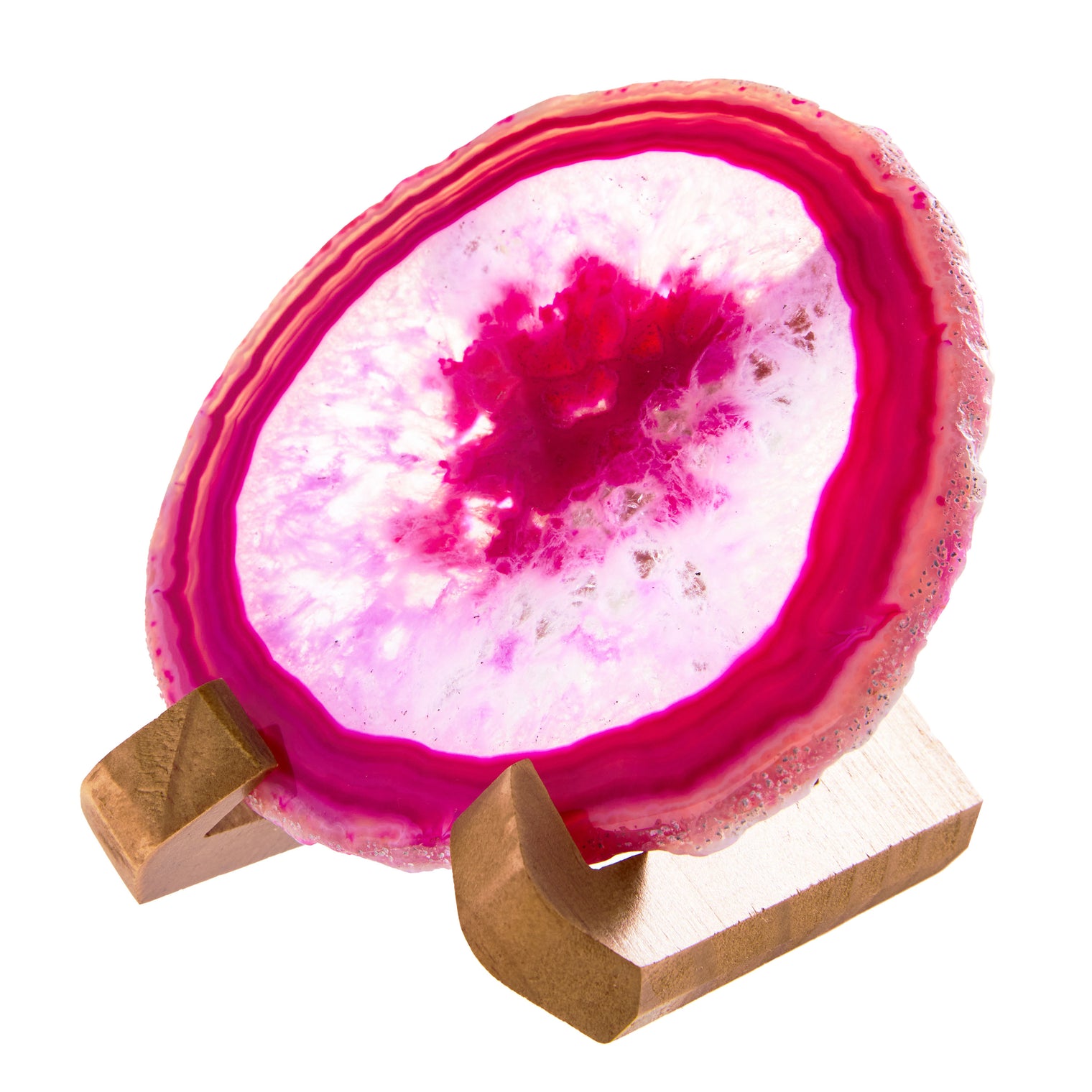 Large Natural Brazilian Agate Drink Coaster with Wood Holder - Rose Pink