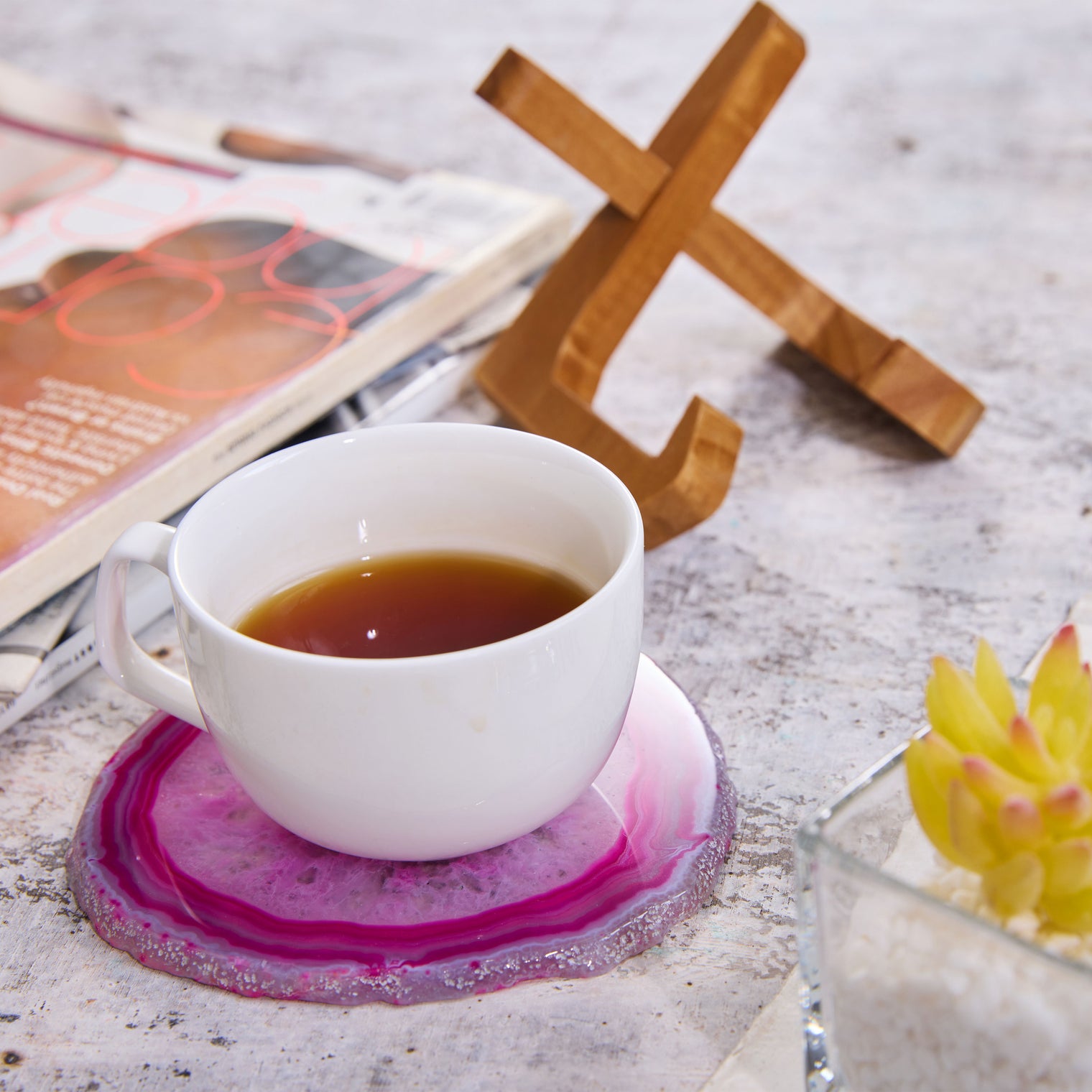 Large Natural Brazilian Agate Drink Coaster with Wood Holder - Rose Pink