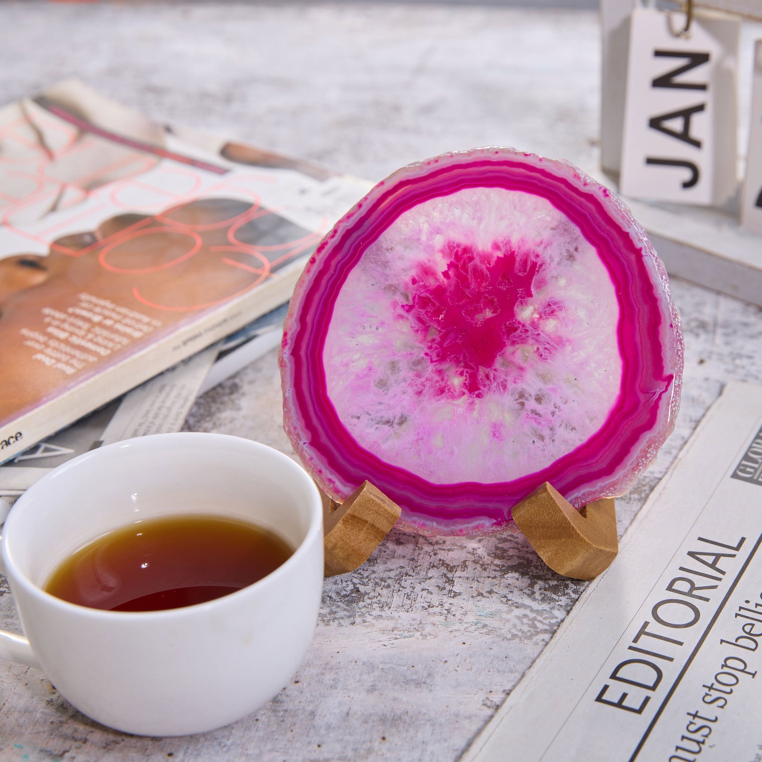 Large Natural Brazilian Agate Drink Coaster with Wood Holder - Rose Pink