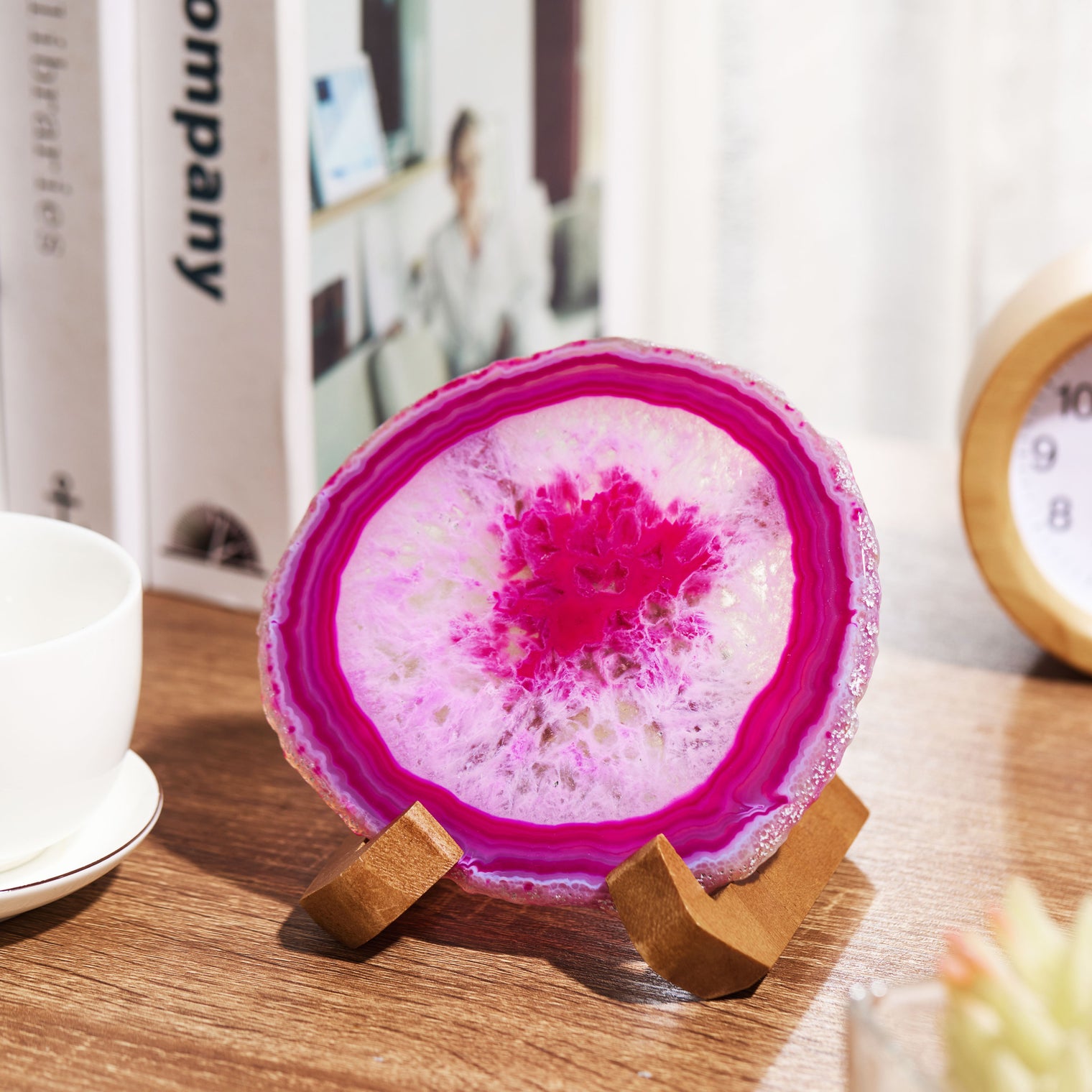 Large Natural Brazilian Agate Drink Coaster with Wood Holder - Rose Pink