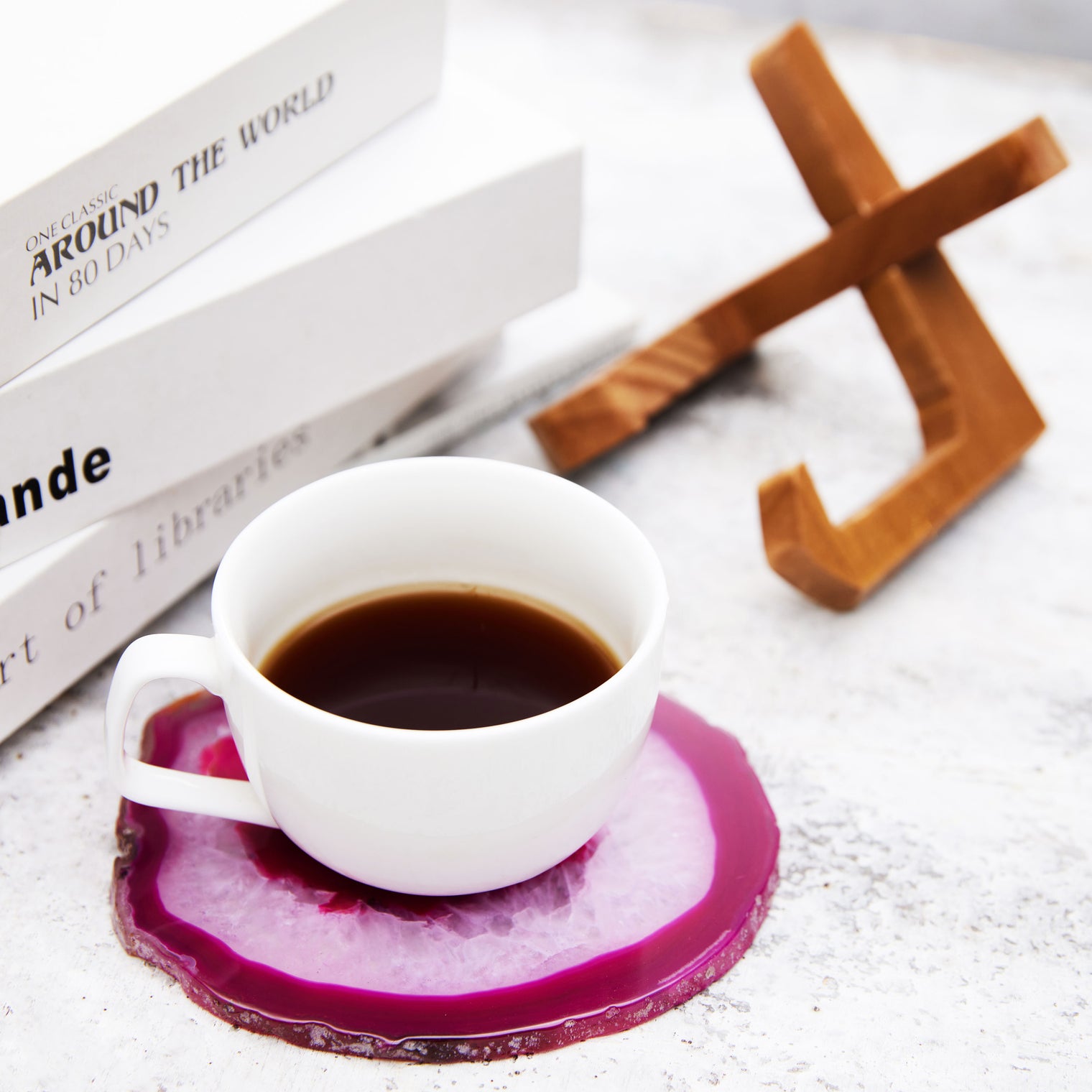 Large Natural Brazilian Agate Drink Coaster with Wood Holder - Rose Pink