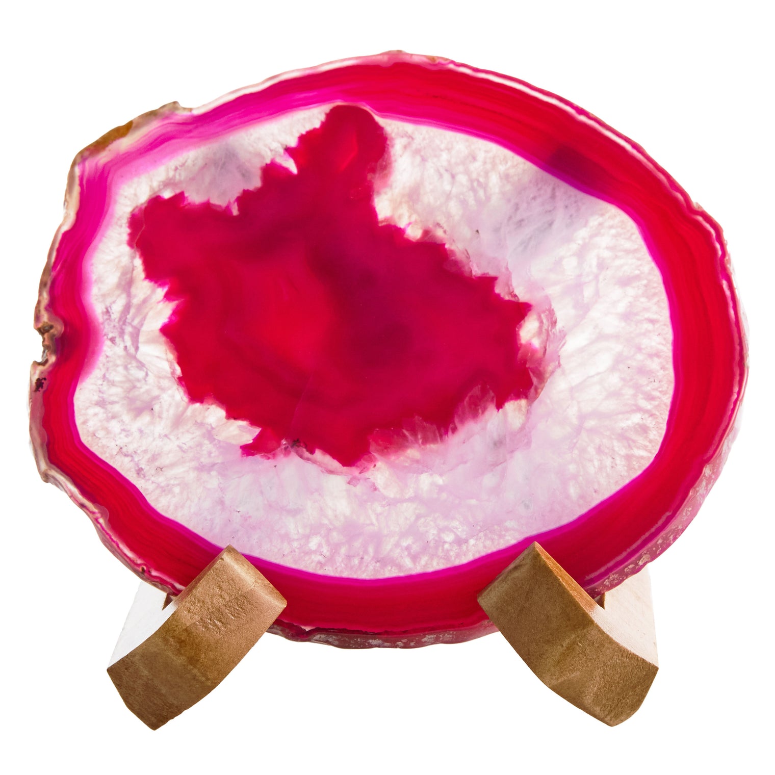 Large Natural Brazilian Agate Drink Coaster with Wood Holder - Rose Pink