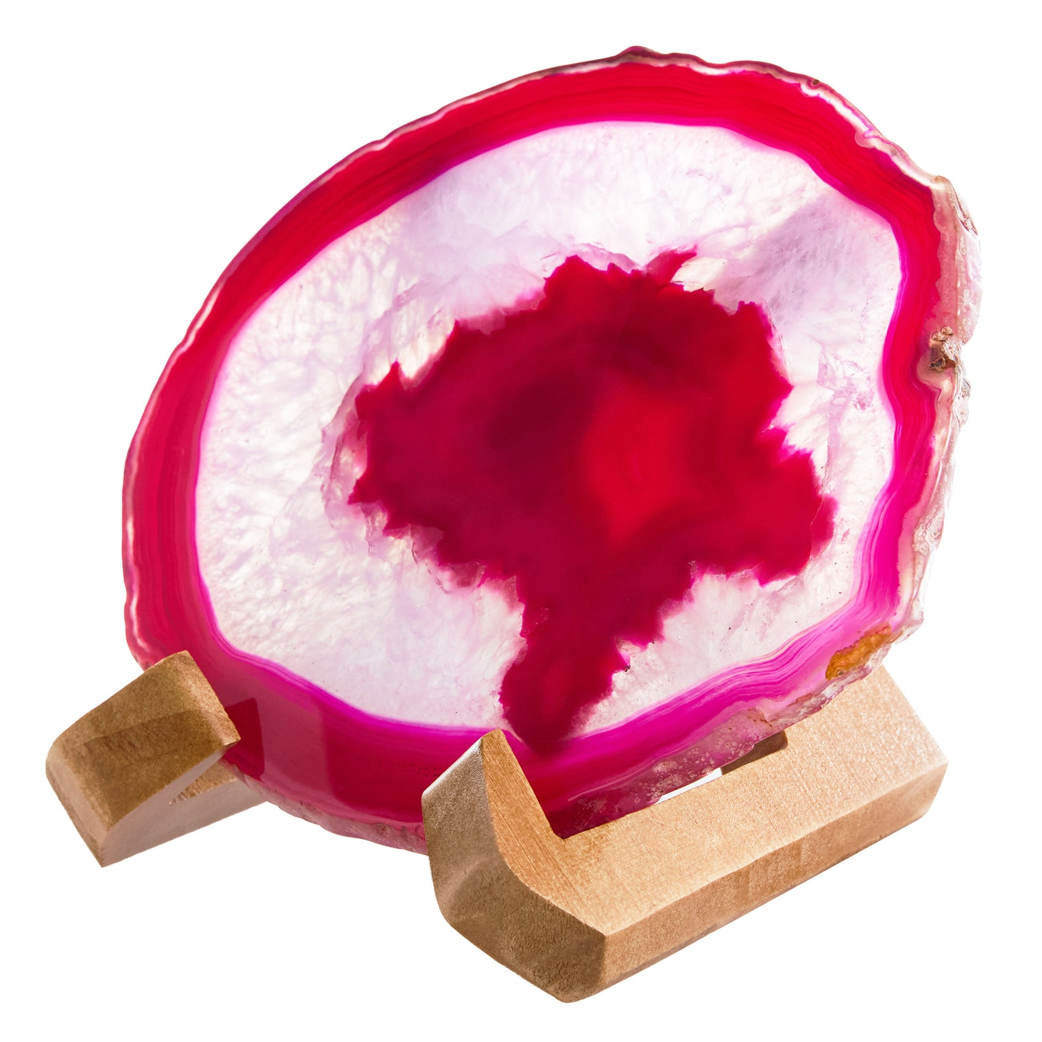 Large Natural Brazilian Agate Drink Coaster with Wood Holder - Rose Pink