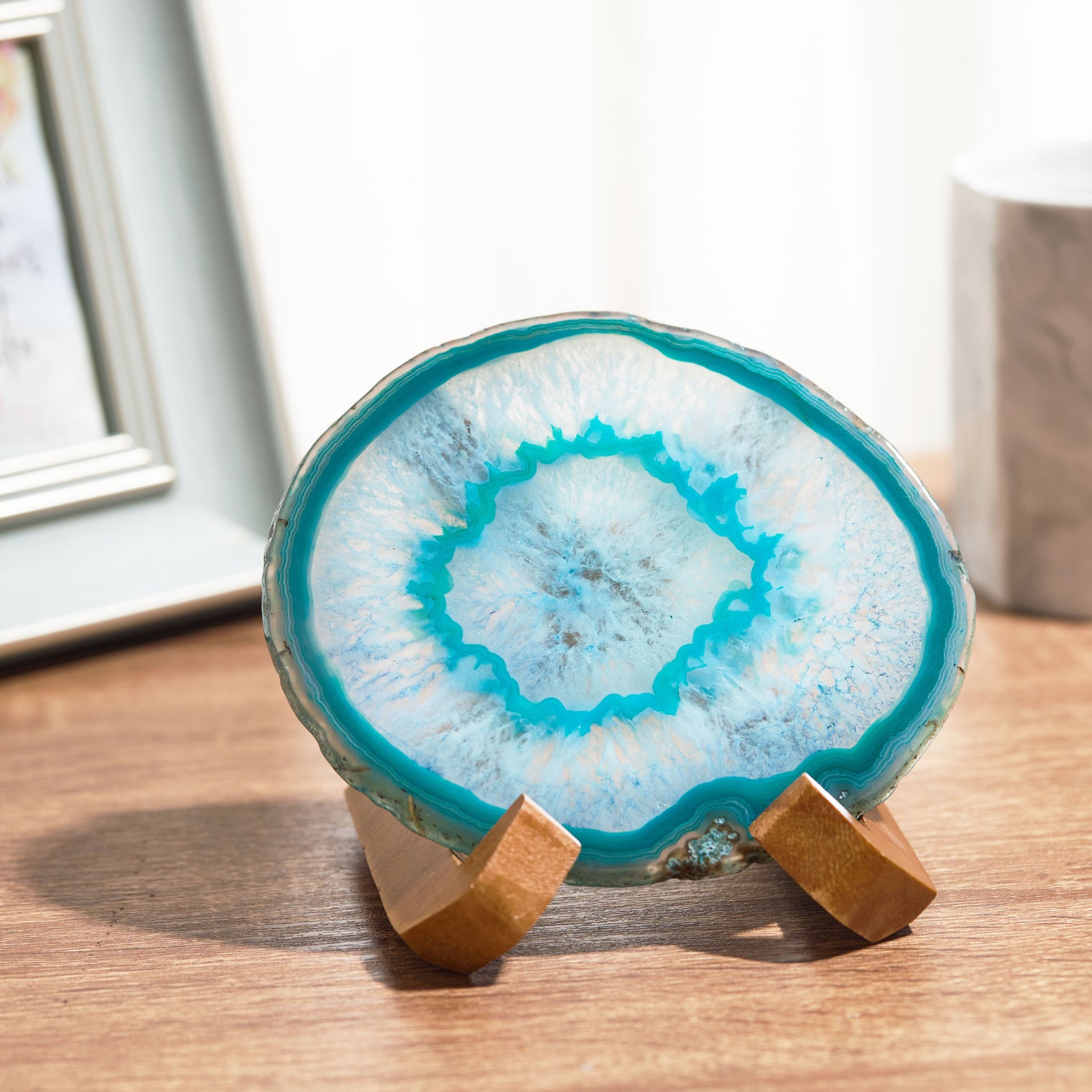 Large Natural Brazilian Agate Drink Coaster with Wood Holder - Teal