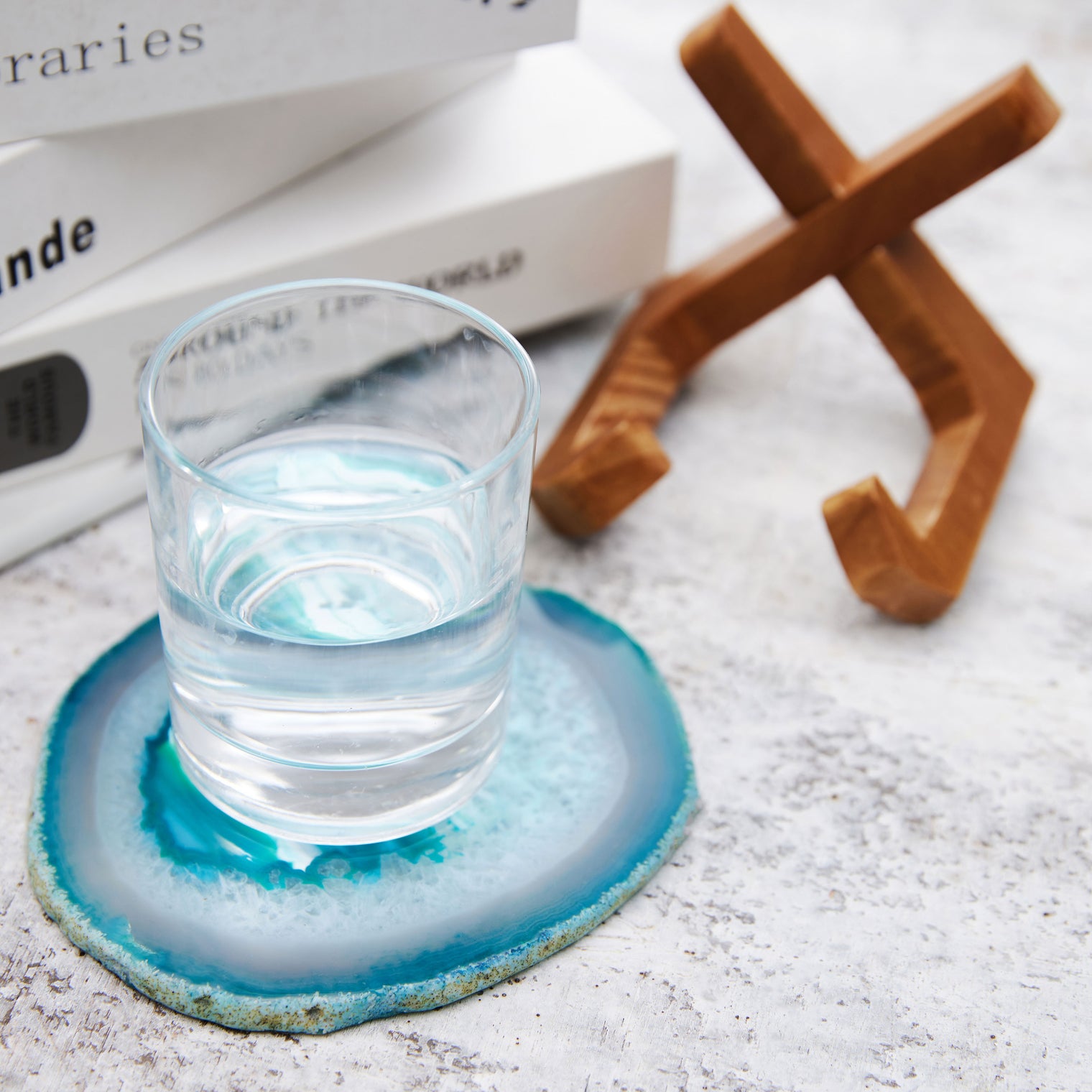 Large Natural Brazilian Agate Drink Coaster with Wood Holder - Teal