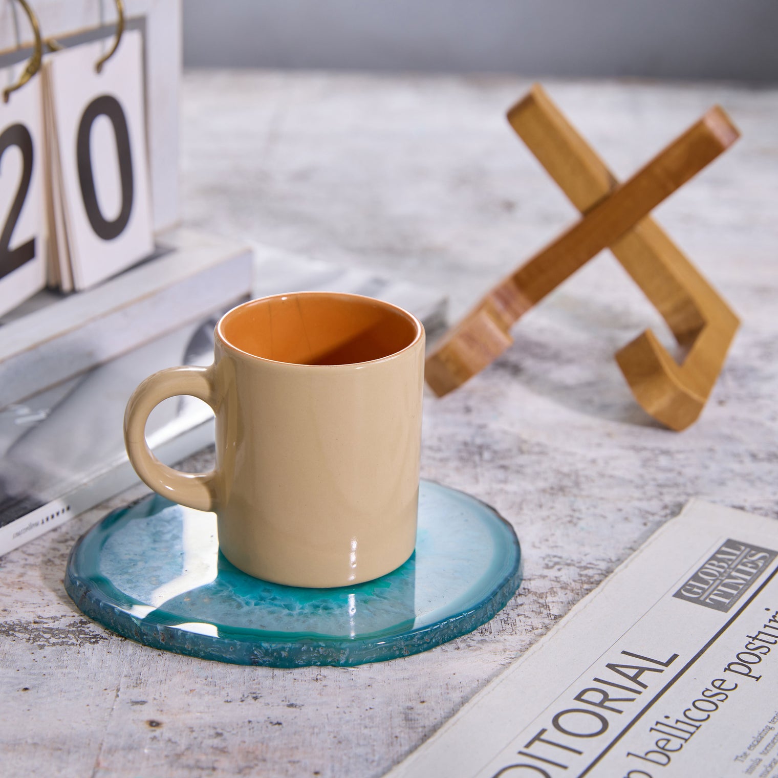 Large Natural Brazilian Agate Drink Coaster with Wood Holder - Teal