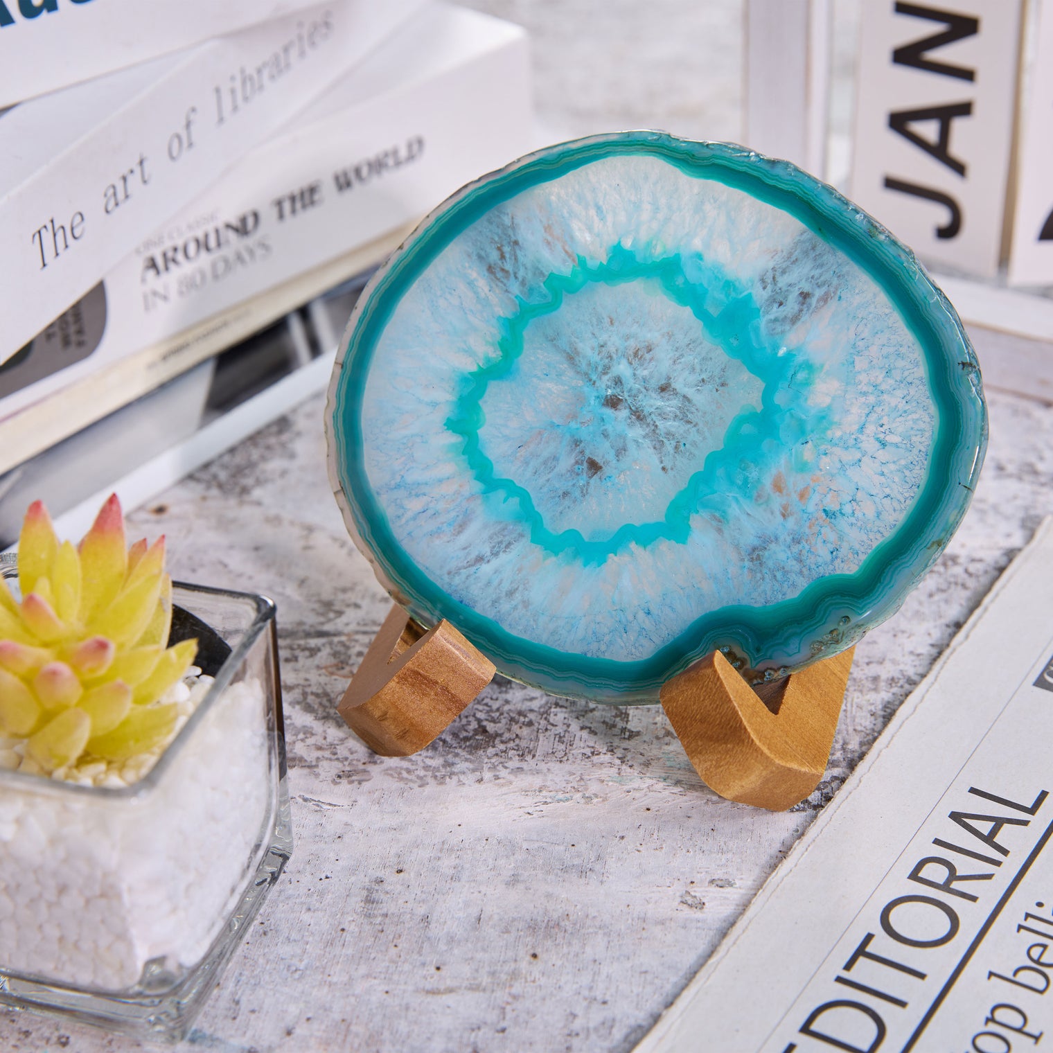 Large Natural Brazilian Agate Drink Coaster with Wood Holder - Teal