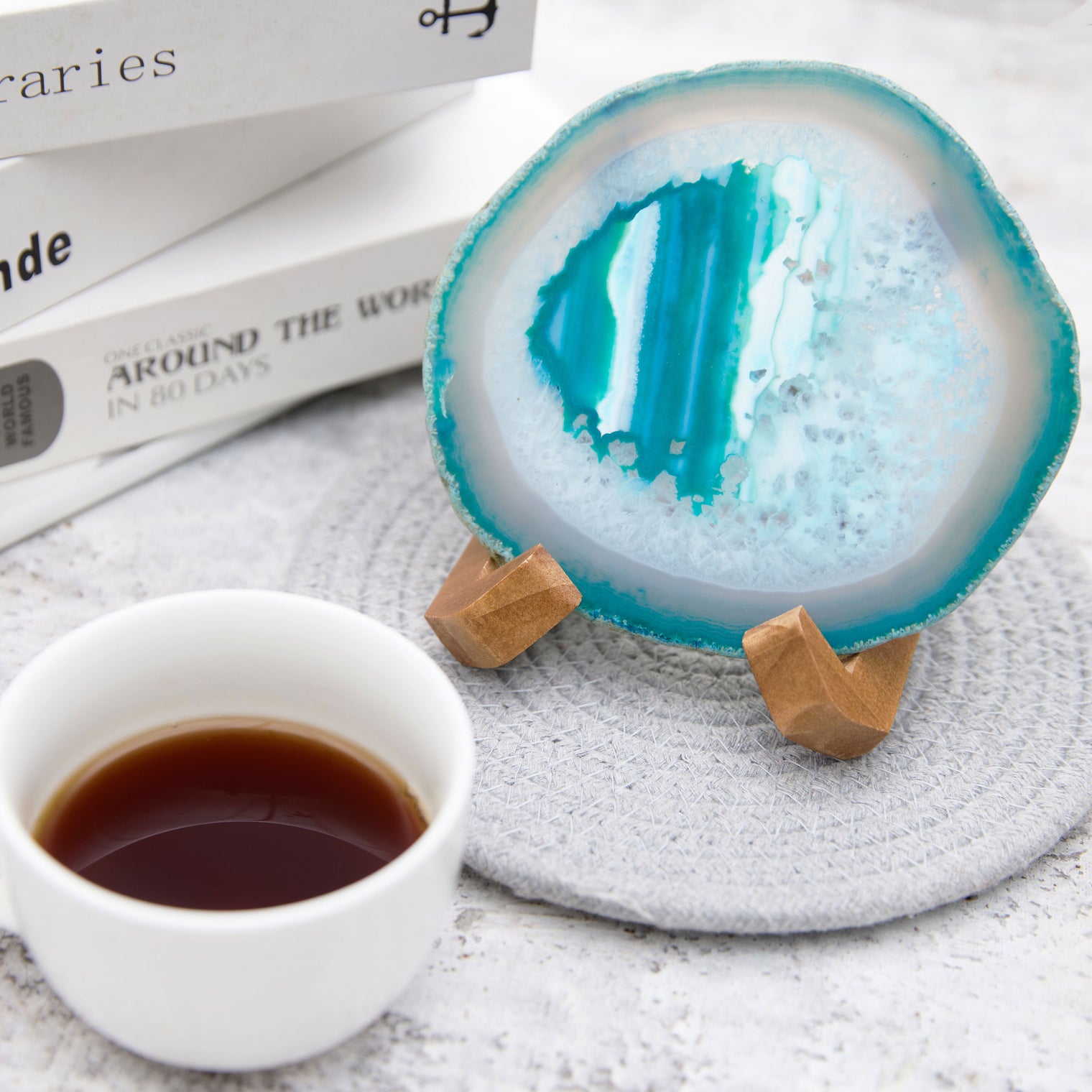 Large Natural Brazilian Agate Drink Coaster with Wood Holder - Teal