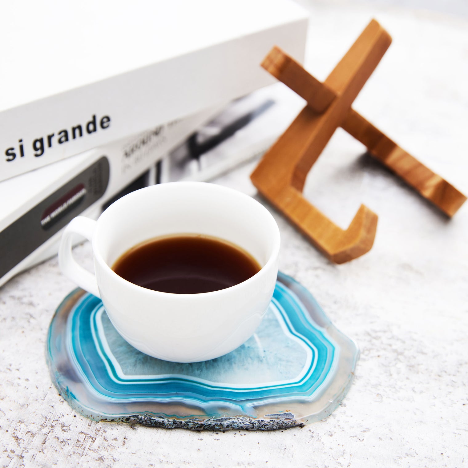 Large Natural Brazilian Agate Drink Coaster with Wood Holder - Teal