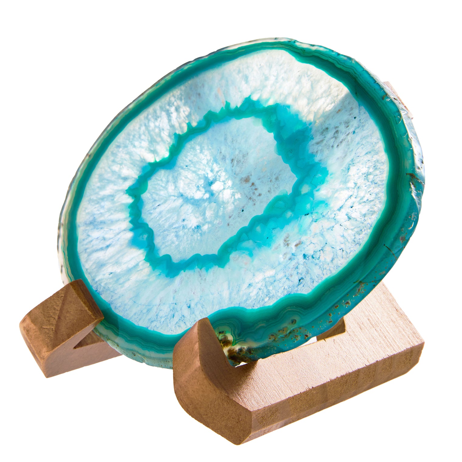 Large Natural Brazilian Agate Drink Coaster with Wood Holder - Teal