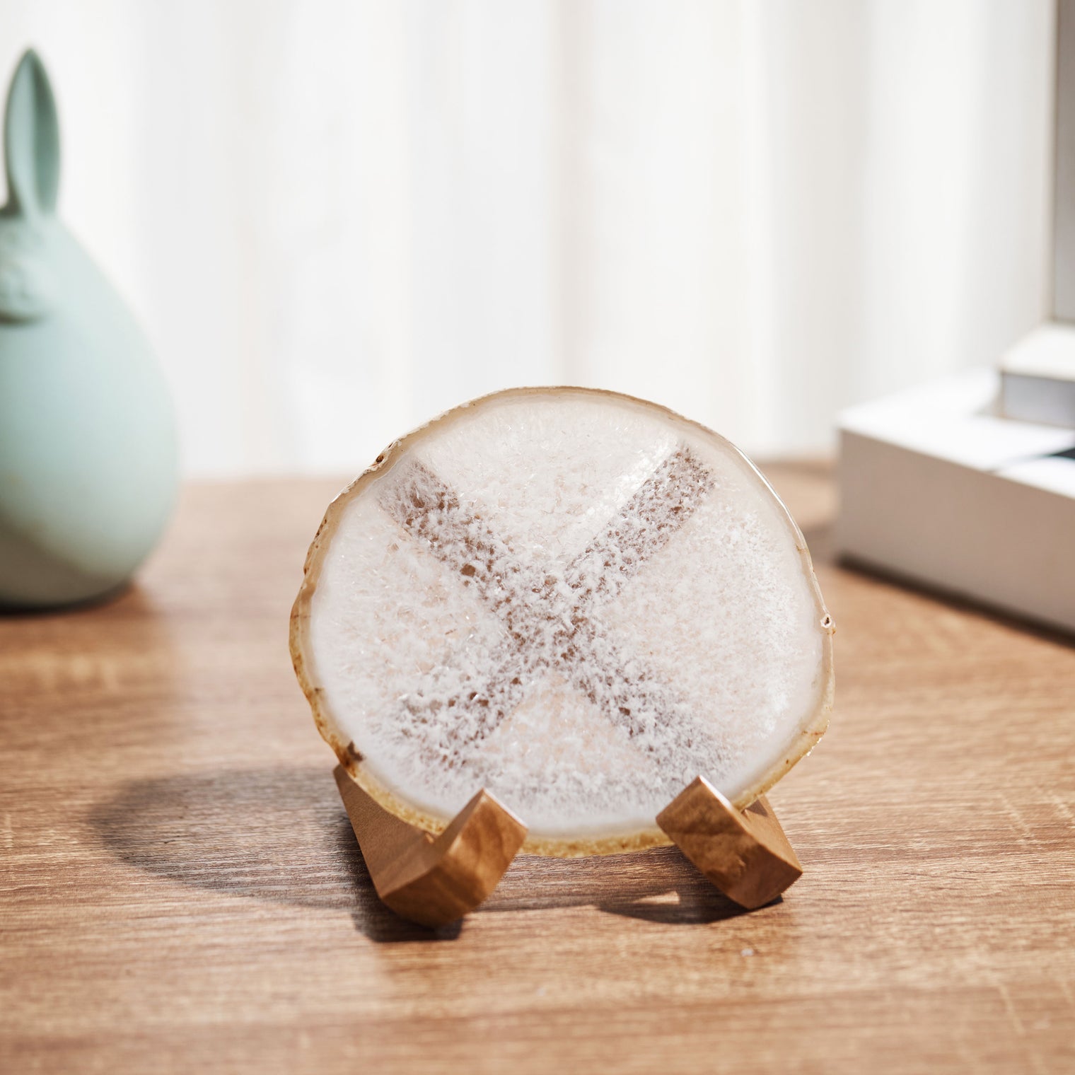 Large Natural Brazilian Agate Drink Coaster with Wood Holder - White