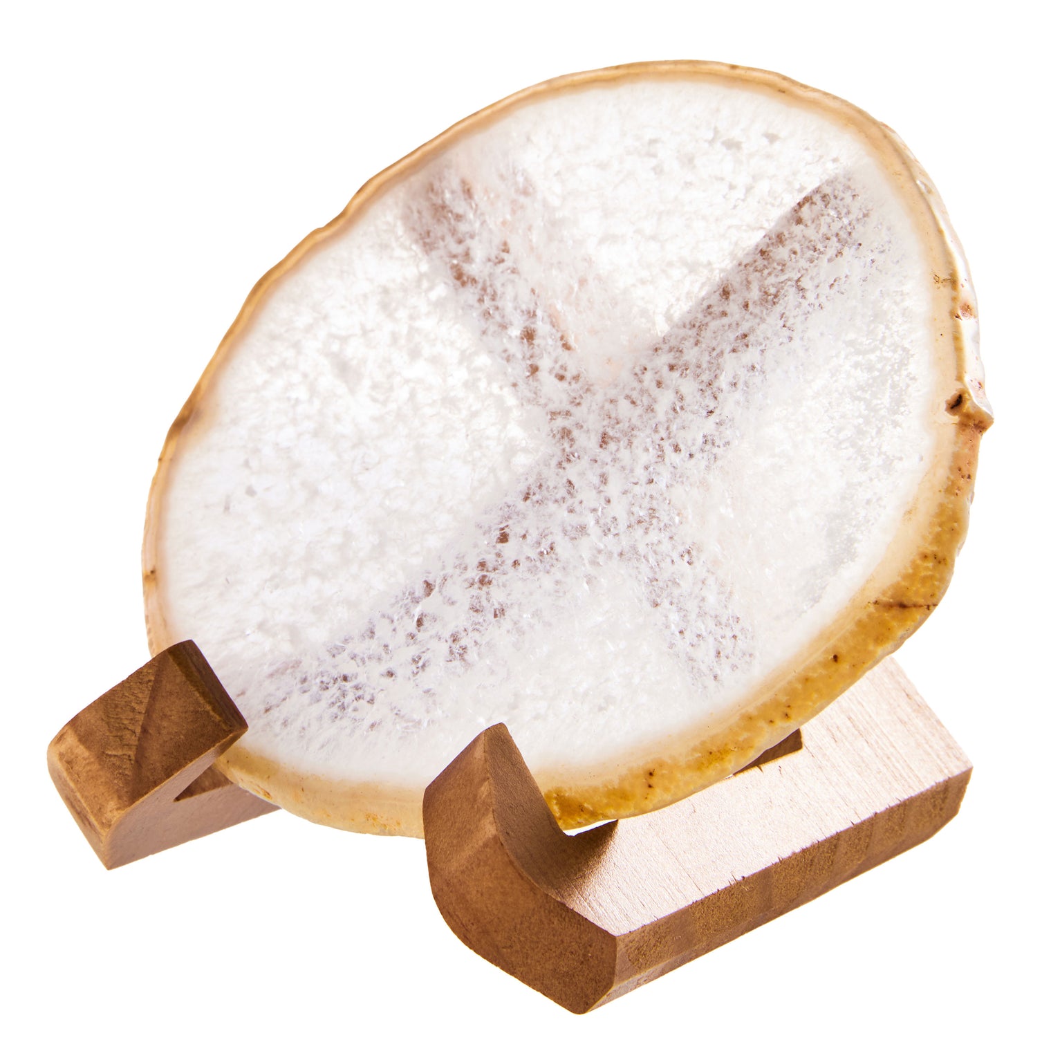 Large Natural Brazilian Agate Drink Coaster with Wood Holder - White