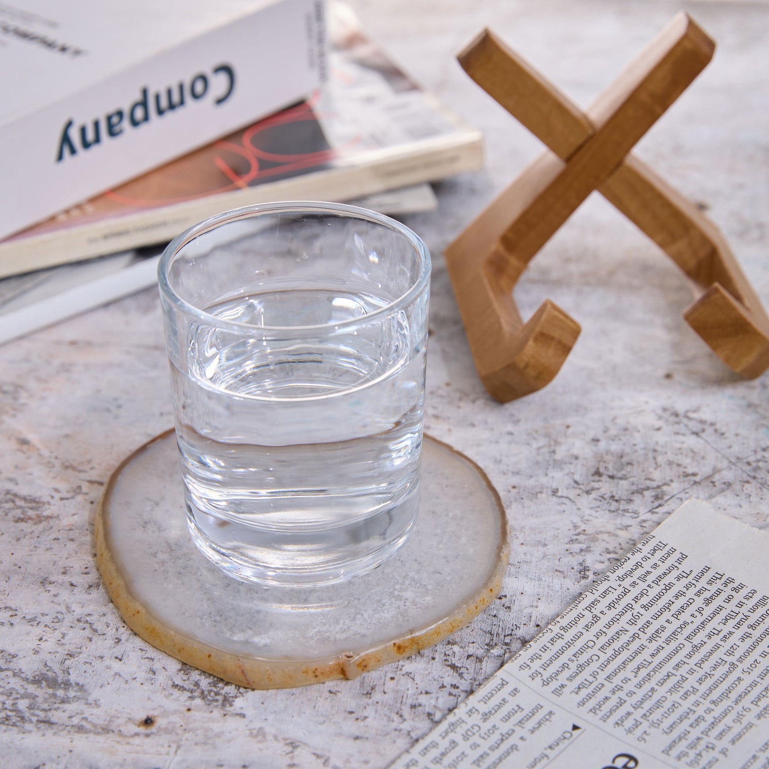 Large Natural Brazilian Agate Drink Coaster with Wood Holder - White