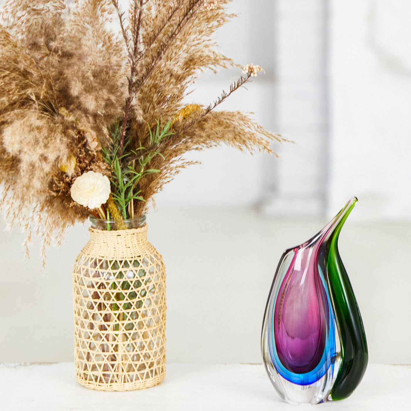 Hand Blown Multicolor Sommerso Teardrop Art Glass Vase with Angled Lip 9.5 inch tall