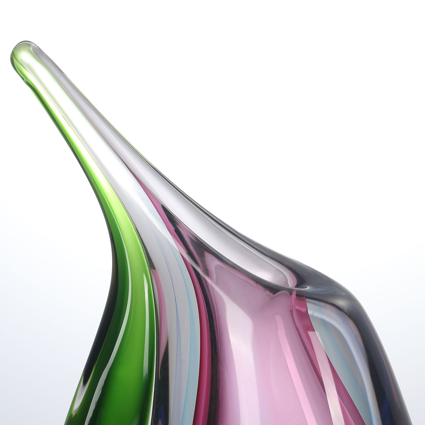 Hand Blown Multicolor Sommerso Teardrop Art Glass Vase with Angled Lip 9.5 inch tall