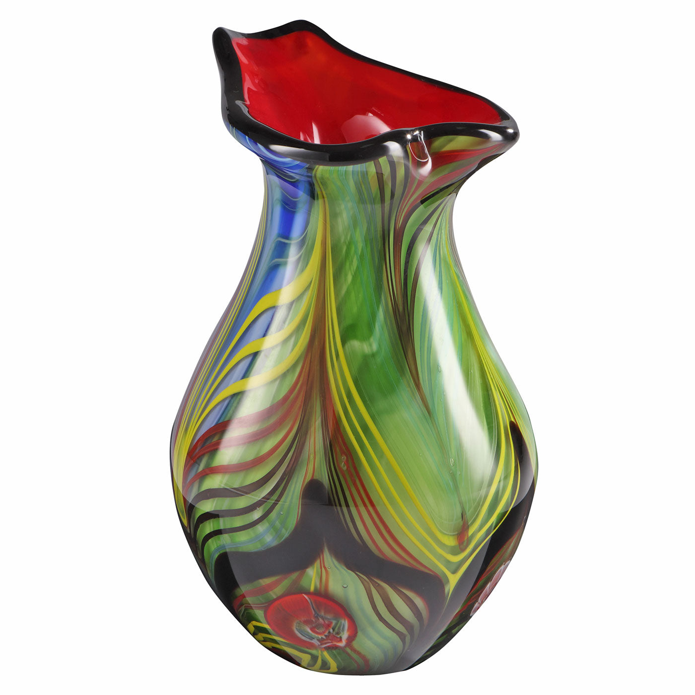 Hand Blown Abstract Teardrop Art Glass Vase with Angled Lip 9.5-13.5 inch tall