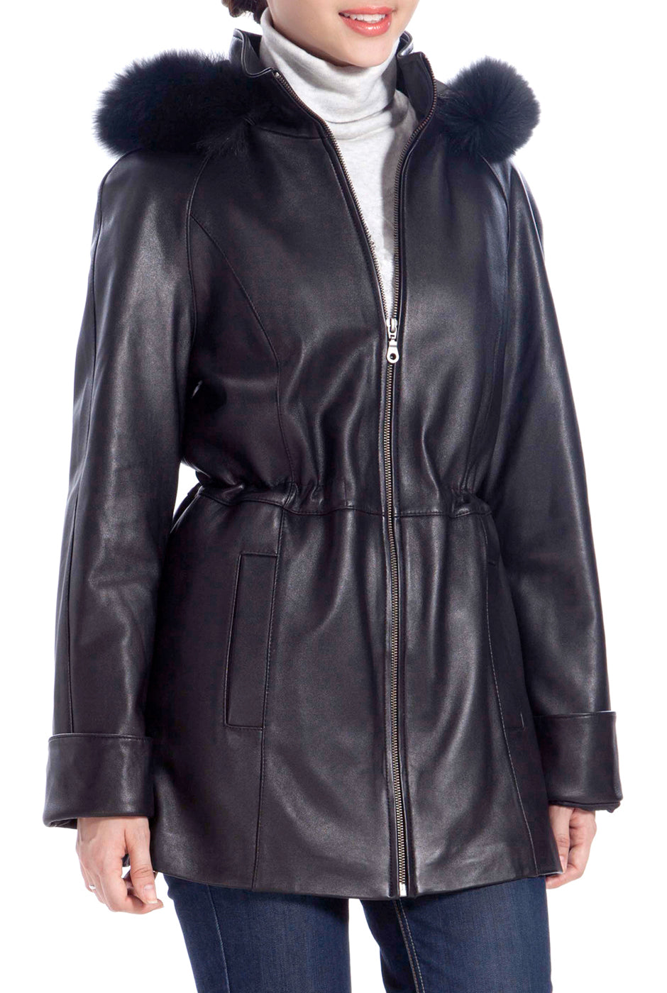 BGSD Women Clare Lambskin Leather Hooded Parka Coat