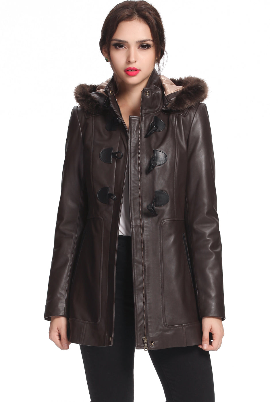 BGSD Women Amanda Hooded Lambskin Leather Toggle Coat