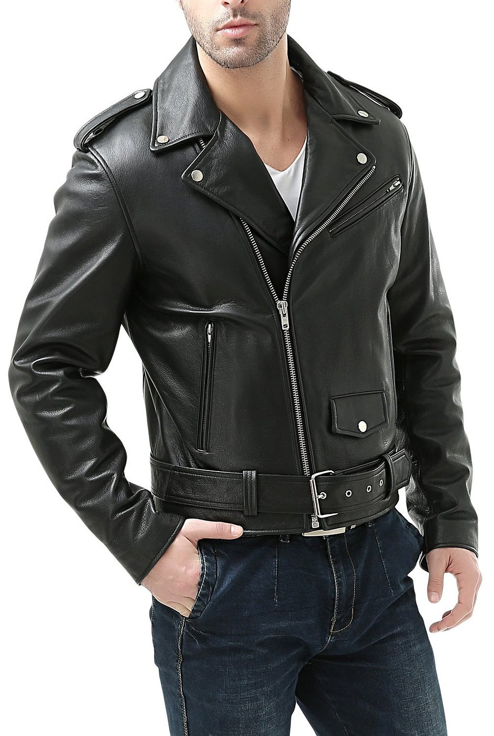 BGSD Men Classic Cowhide Leather Motorcycle Jacket