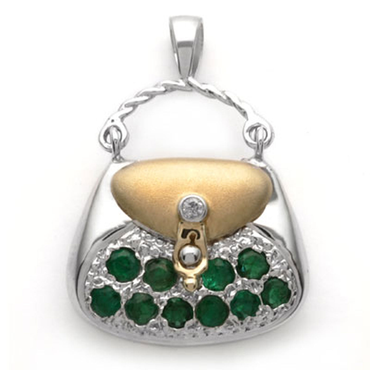 18k Yellow and White 2-Tone Gold Emerald and  Diamond Purse Pendant