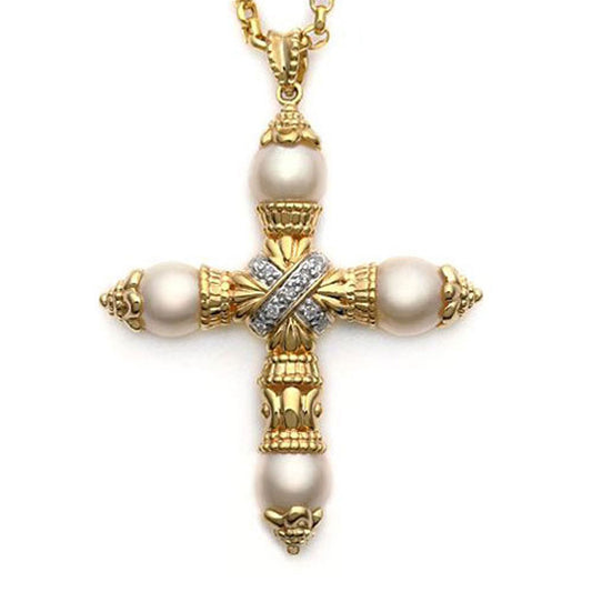 14k Yellow Gold Cultured Pearl and Diamond Cross Pendant
