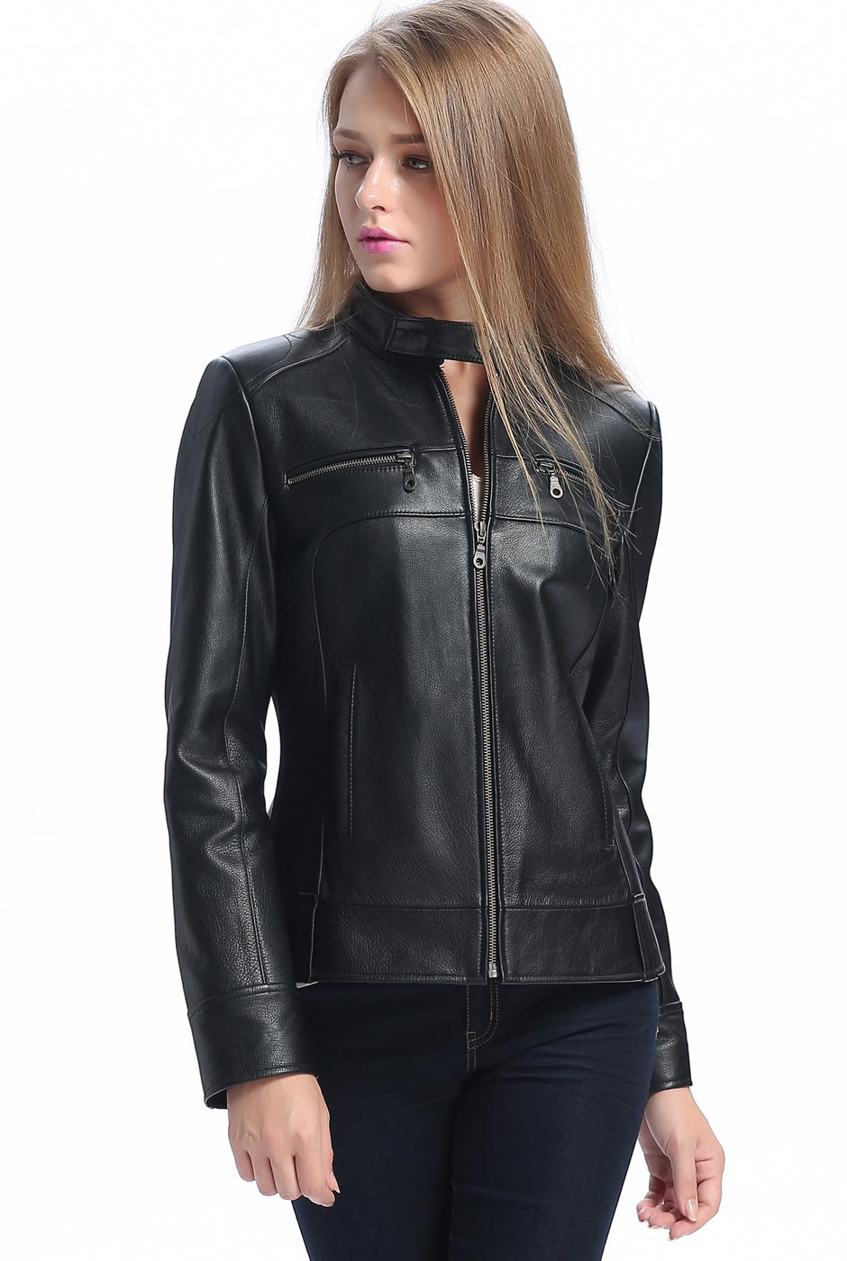 BGSD Women Maura Zip Front Lambskin Leather Jacket