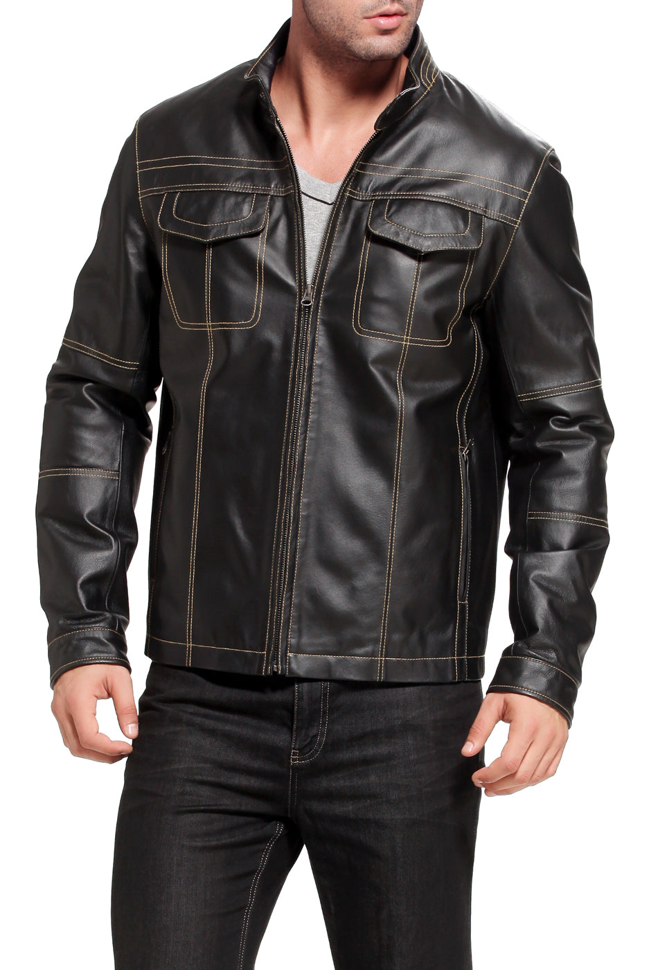 BGSD Men Michael Cowhide Leather Motorcycle Jacket