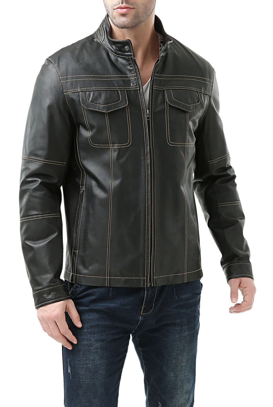 BGSD Monogram Collection Men Cowhide Leather Motorcycle Jacket