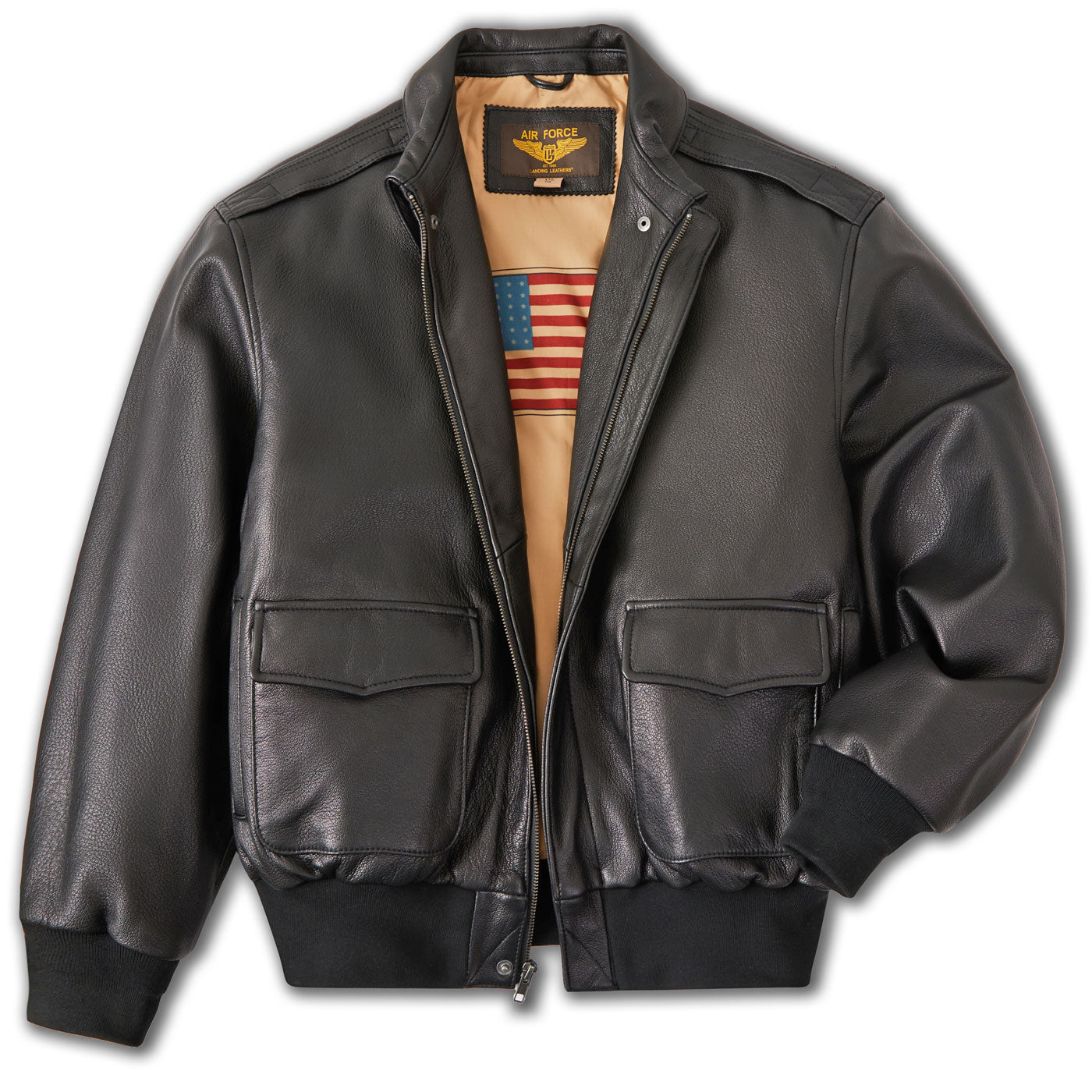 Landing Leathers Air Force Men A-2 Goatskin Leather Flight Bomber Jacket - X-Small / Black Landing Leathers Air Force Men A-2 Goatskin Leather Flight Bomber Jacket - X-Small / Black