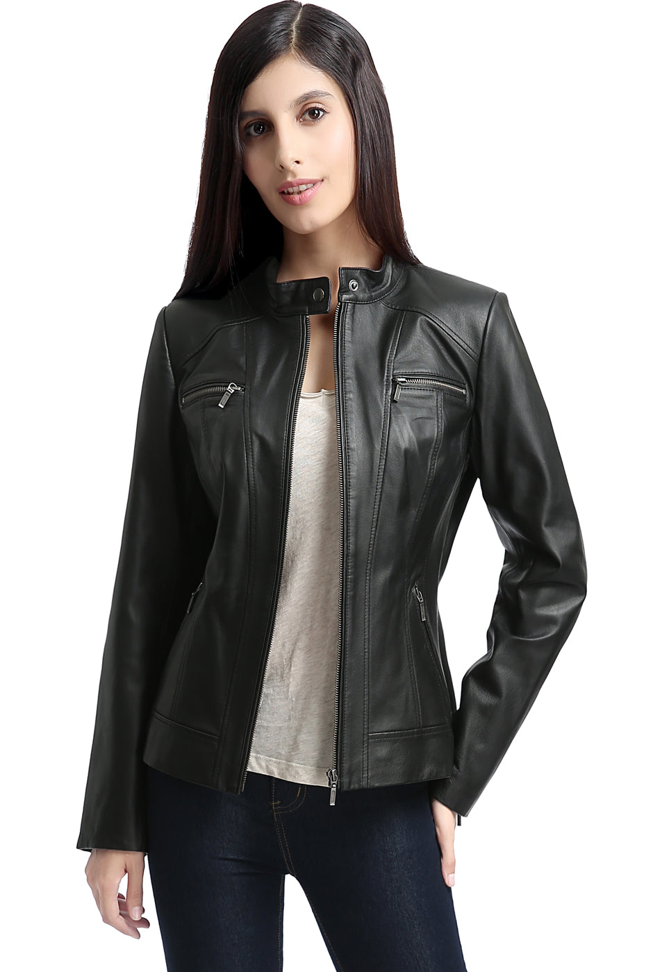 BGSD Women Mila Zip Front Lambskin Leather Jacket